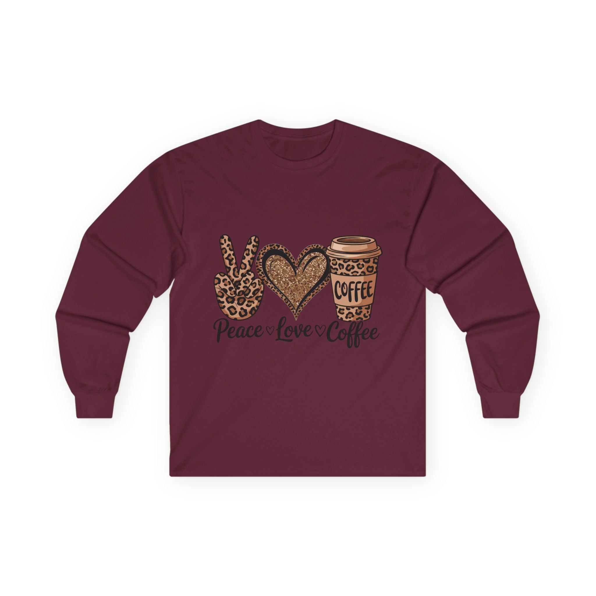 Peace Love Coffee Long Sleeve Tee | Unisex Cotton Shirt for Coffee Lovers | Perfect Gift for Holidays, Birthdays, and Casual Wear