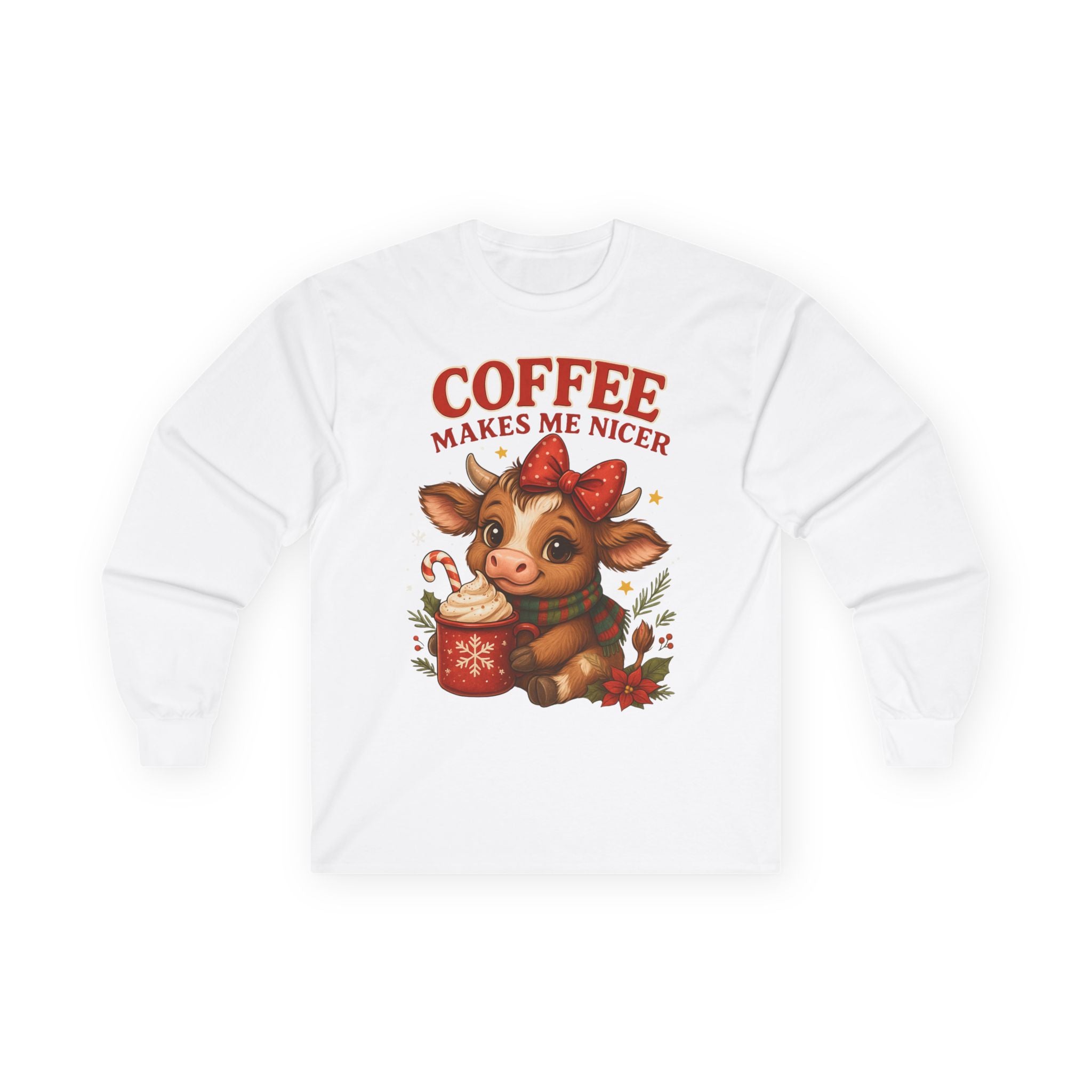 Unisex Long Sleeve Tee with Cute Cow Design - Coffee Makes Me Nicer, Holiday Gift, Casual Wear, Coffee Lover Apparel