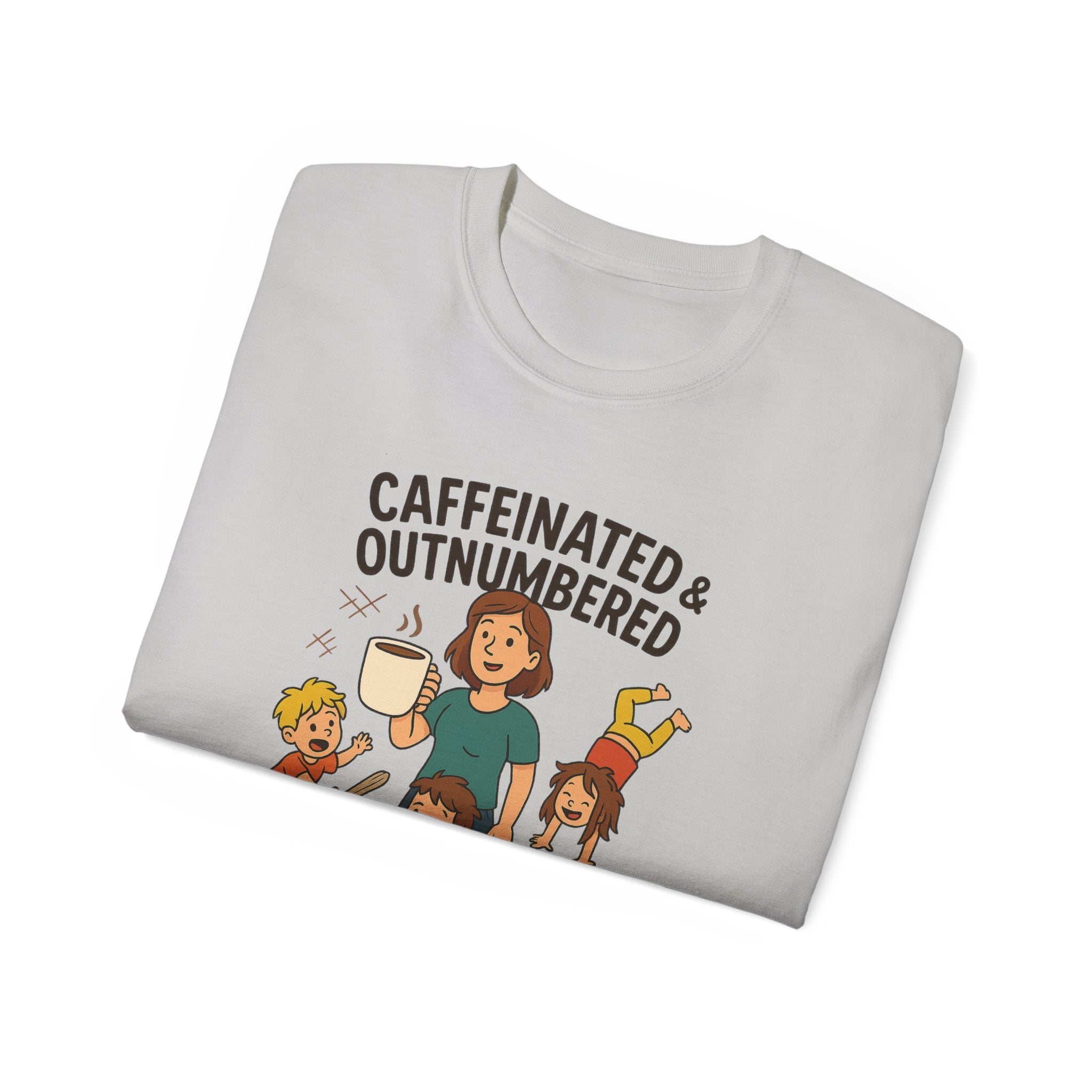 Caffeinated & Outnumbered Tee, Mom Life Shirt, Funny Parenting Tee, Gifts for Moms, Family Humor T-Shirt, Cute Kids Design