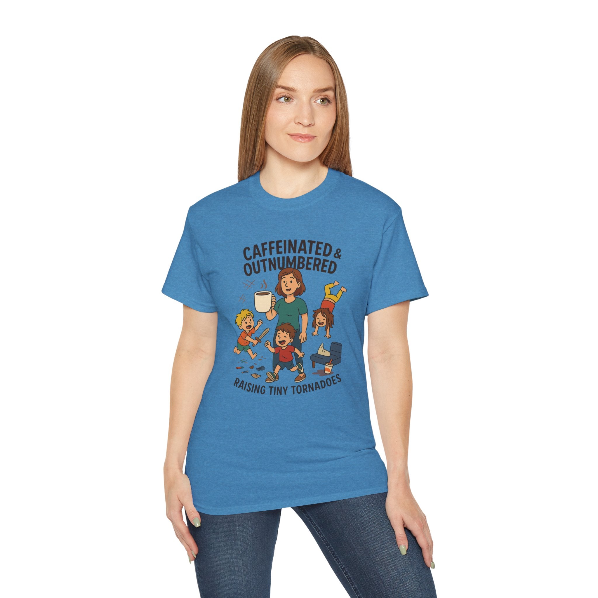 Caffeinated & Outnumbered Tee, Mom Life Shirt, Funny Parenting Tee, Gifts for Moms, Family Humor T-Shirt, Cute Kids Design