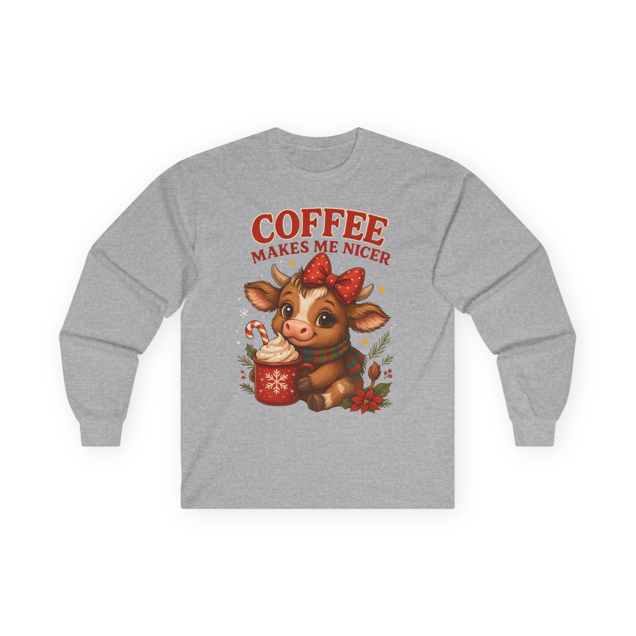 Unisex Long Sleeve Tee with Cute Cow Design - Coffee Makes Me Nicer, Holiday Gift, Casual Wear, Coffee Lover Apparel