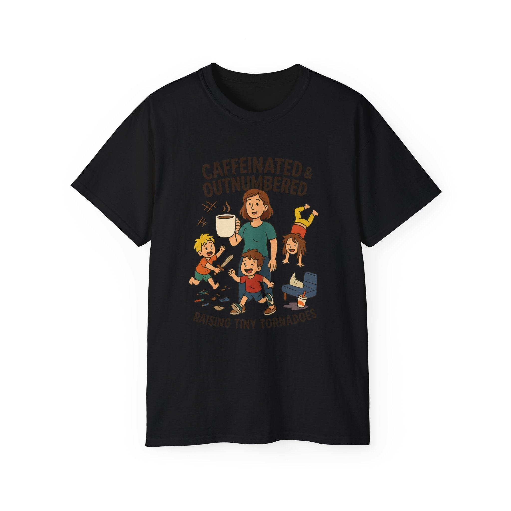 Caffeinated & Outnumbered Tee, Mom Life Shirt, Funny Parenting Tee, Gifts for Moms, Family Humor T-Shirt, Cute Kids Design