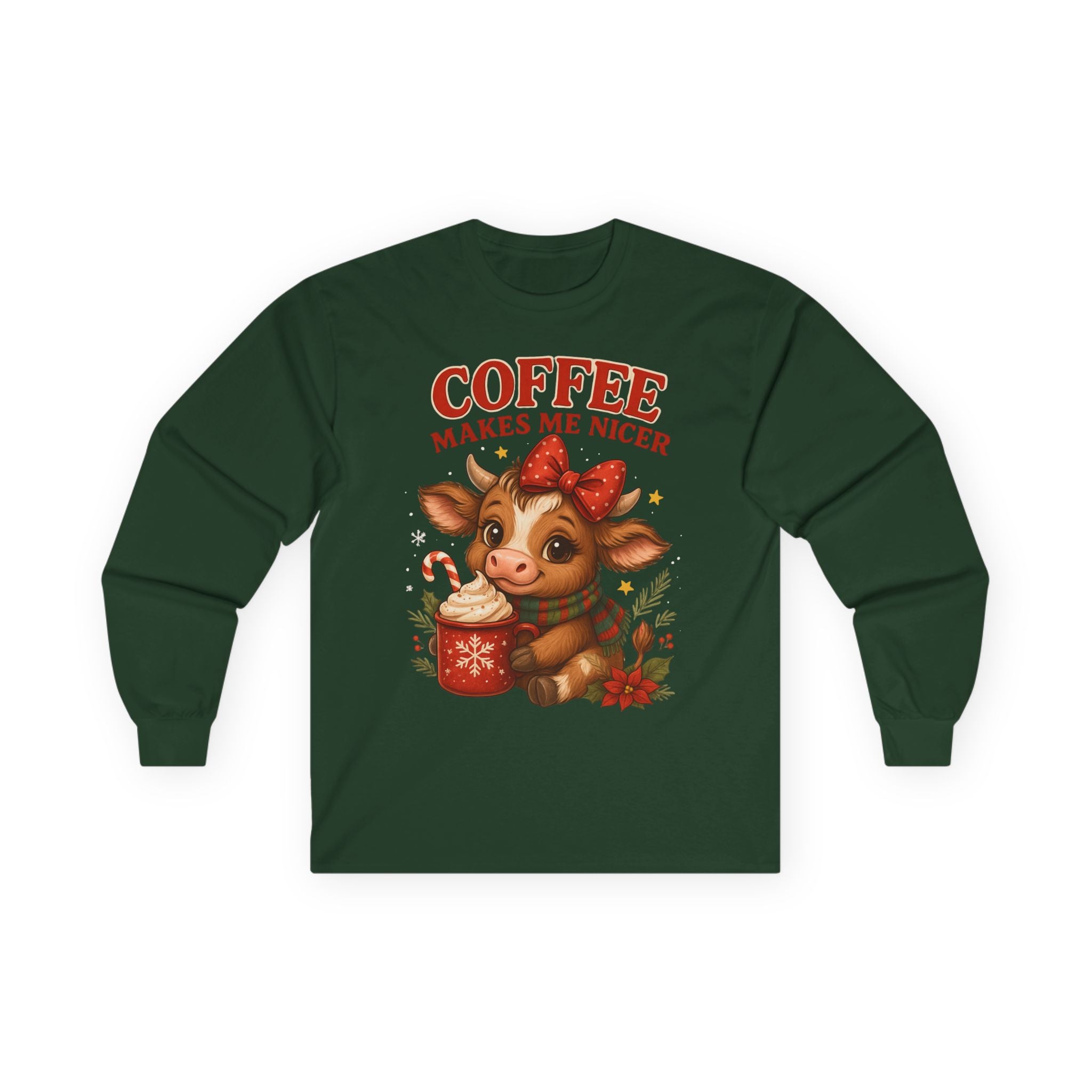 Unisex Long Sleeve Tee with Cute Cow Design - Coffee Makes Me Nicer, Holiday Gift, Casual Wear, Coffee Lover Apparel
