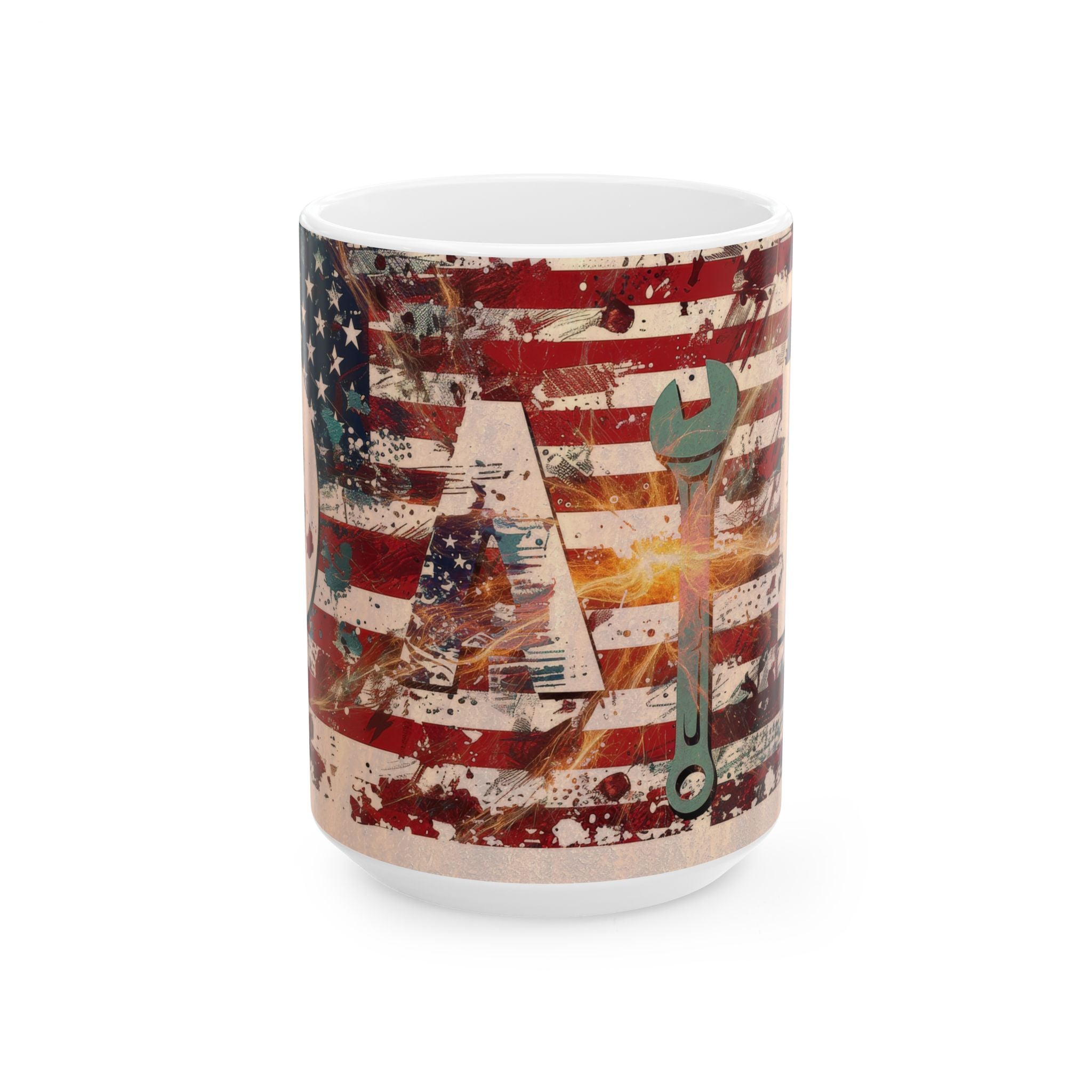 Vintage American Flag Ceramic Mug | Rustic Coffee Cup | Gift for Dad, Mechanic, Independence Day, Father's Day, Americana Decor