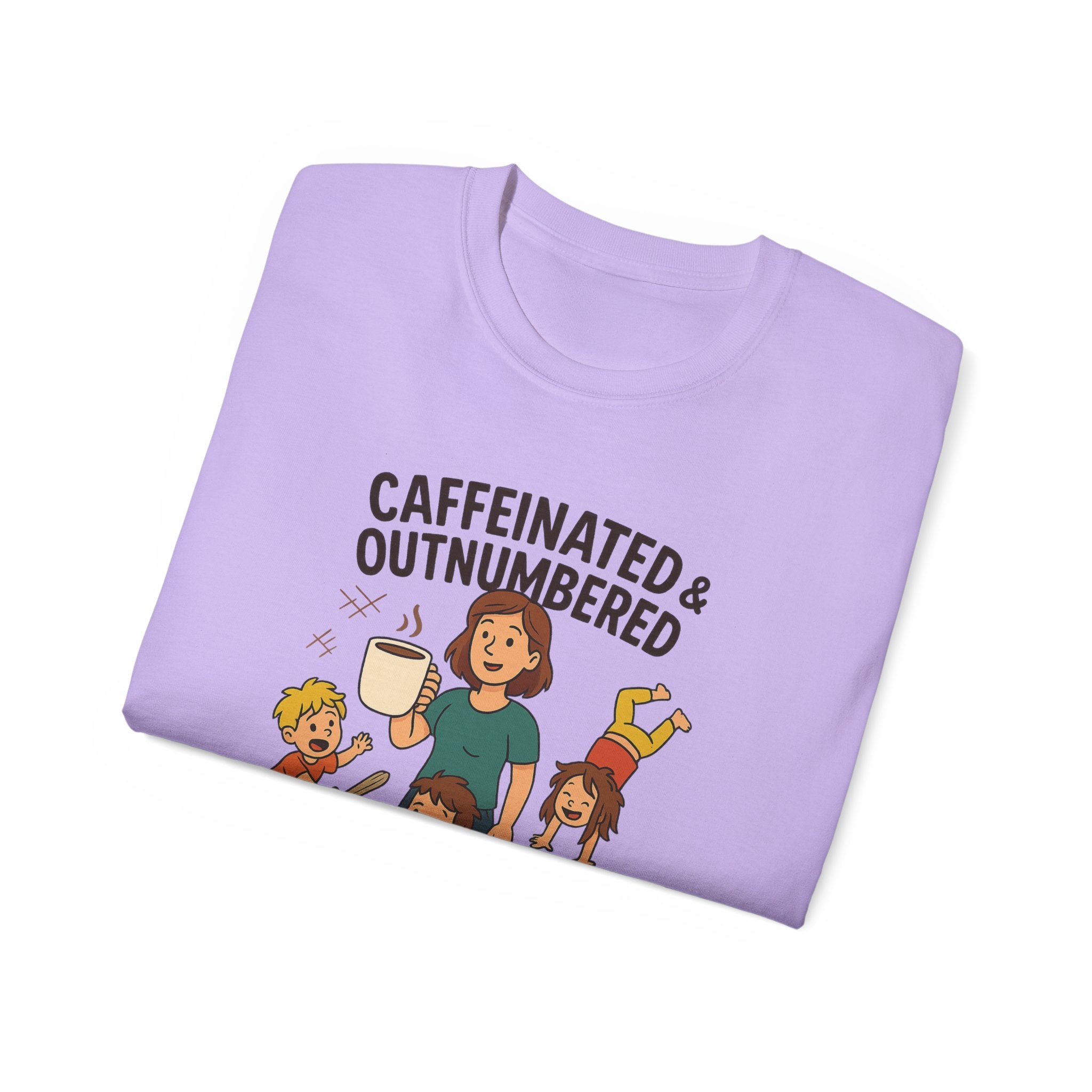 Caffeinated & Outnumbered Tee, Mom Life Shirt, Funny Parenting Tee, Gifts for Moms, Family Humor T-Shirt, Cute Kids Design