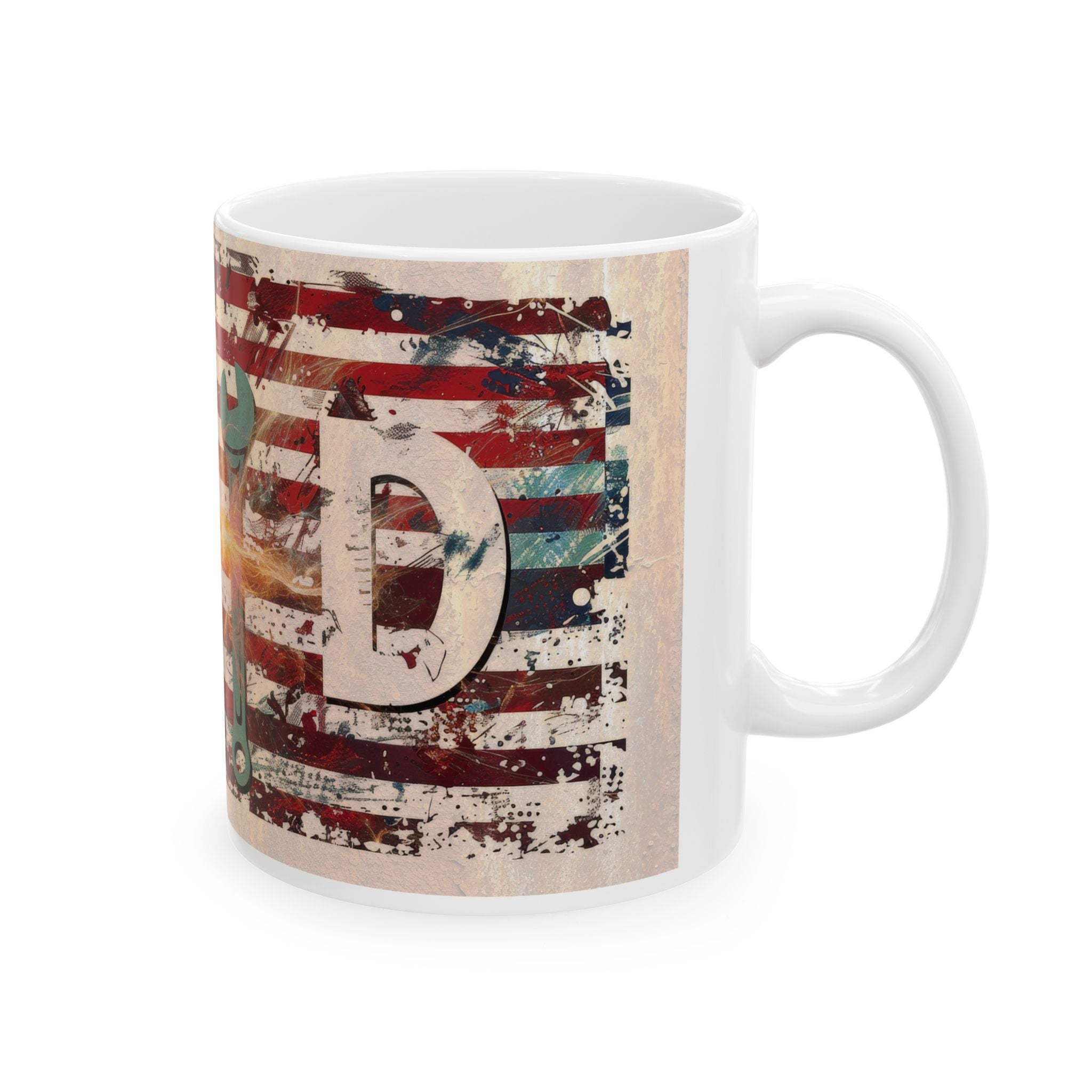Vintage American Flag Ceramic Mug | Rustic Coffee Cup | Gift for Dad, Mechanic, Independence Day, Father's Day, Americana Decor