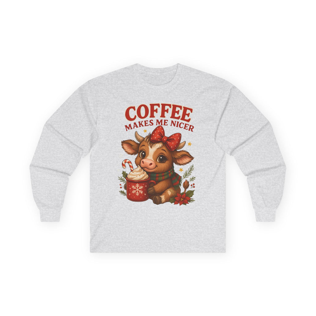 Unisex Long Sleeve Tee with Cute Cow Design - Coffee Makes Me Nicer, Holiday Gift, Casual Wear, Coffee Lover Apparel