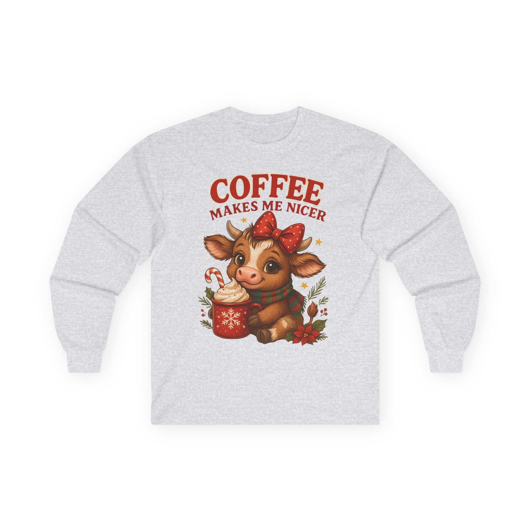 Unisex Long Sleeve Tee with Cute Cow Design - Coffee Makes Me Nicer, Holiday Gift, Casual Wear, Coffee Lover Apparel