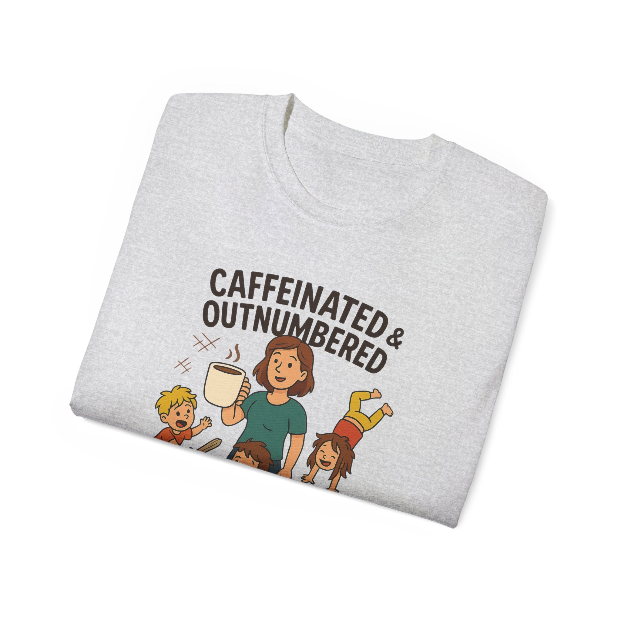 Caffeinated & Outnumbered Tee, Mom Life Shirt, Funny Parenting Tee, Gifts for Moms, Family Humor T-Shirt, Cute Kids Design