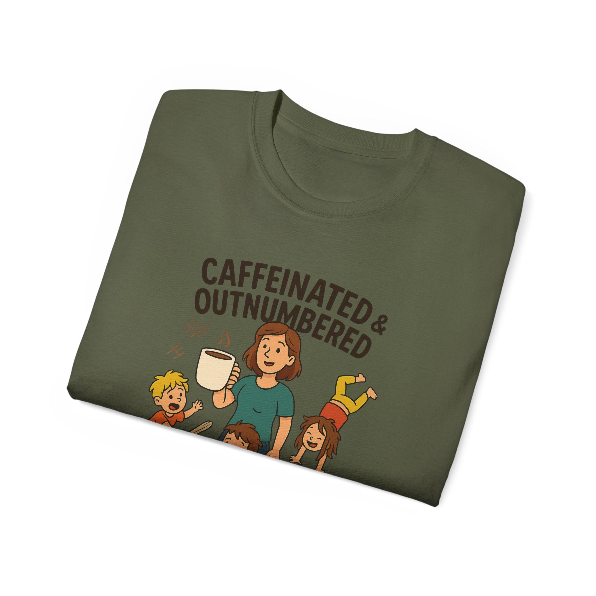 Caffeinated & Outnumbered Tee, Mom Life Shirt, Funny Parenting Tee, Gifts for Moms, Family Humor T-Shirt, Cute Kids Design