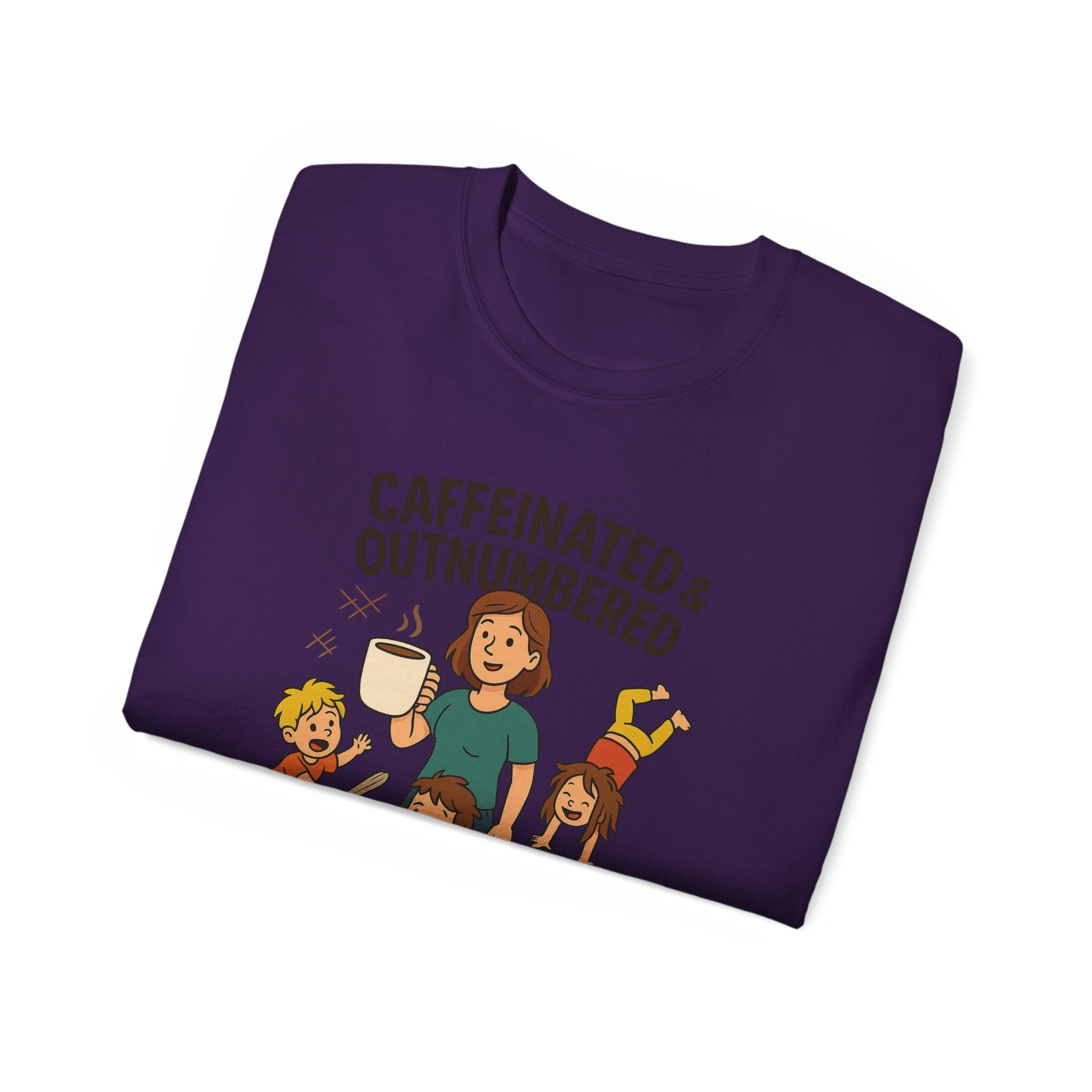 Caffeinated & Outnumbered Tee, Mom Life Shirt, Funny Parenting Tee, Gifts for Moms, Family Humor T-Shirt, Cute Kids Design