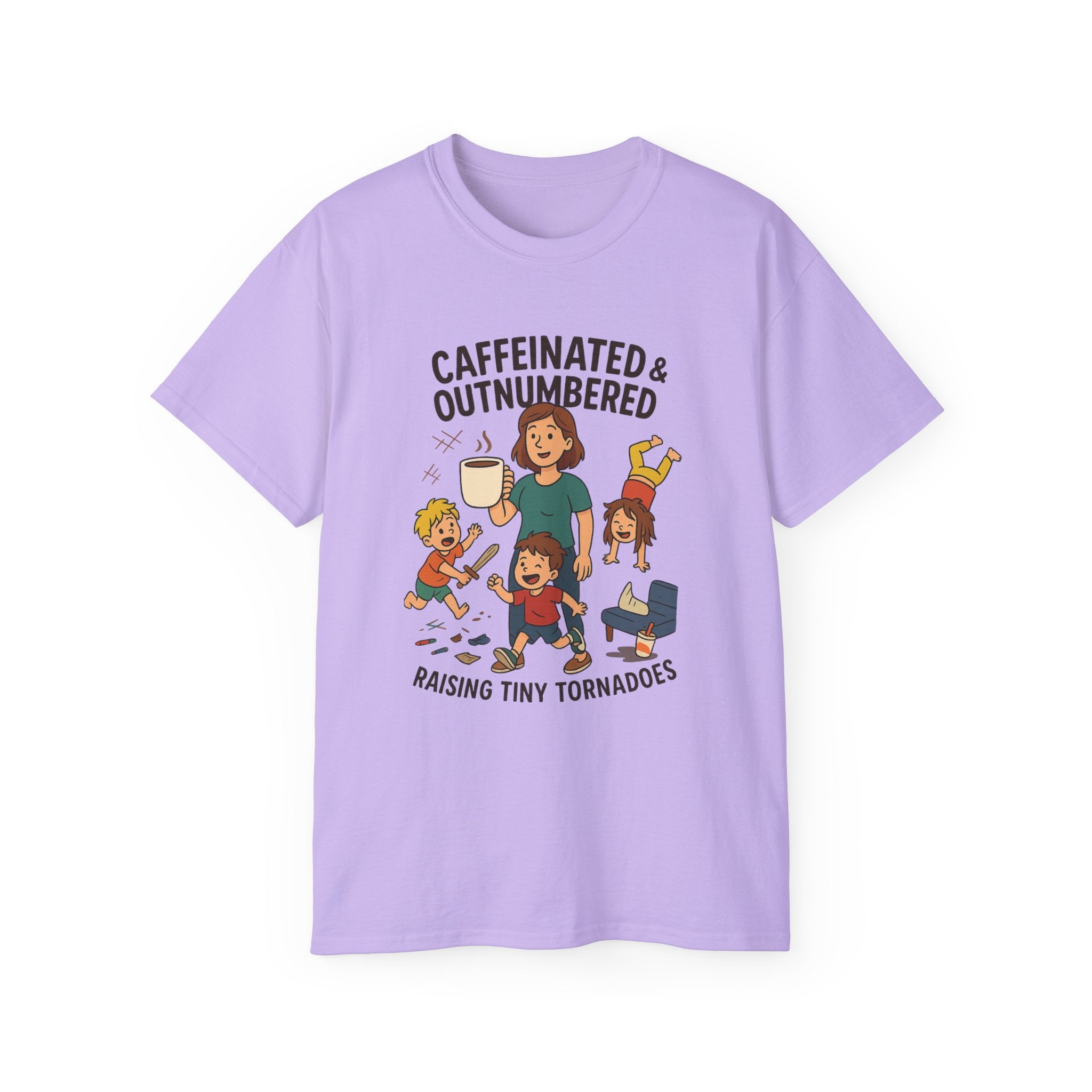 Caffeinated & Outnumbered Tee, Mom Life Shirt, Funny Parenting Tee, Gifts for Moms, Family Humor T-Shirt, Cute Kids Design