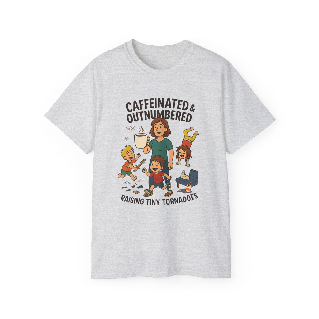 Caffeinated & Outnumbered Tee, Mom Life Shirt, Funny Parenting Tee, Gifts for Moms, Family Humor T-Shirt, Cute Kids Design