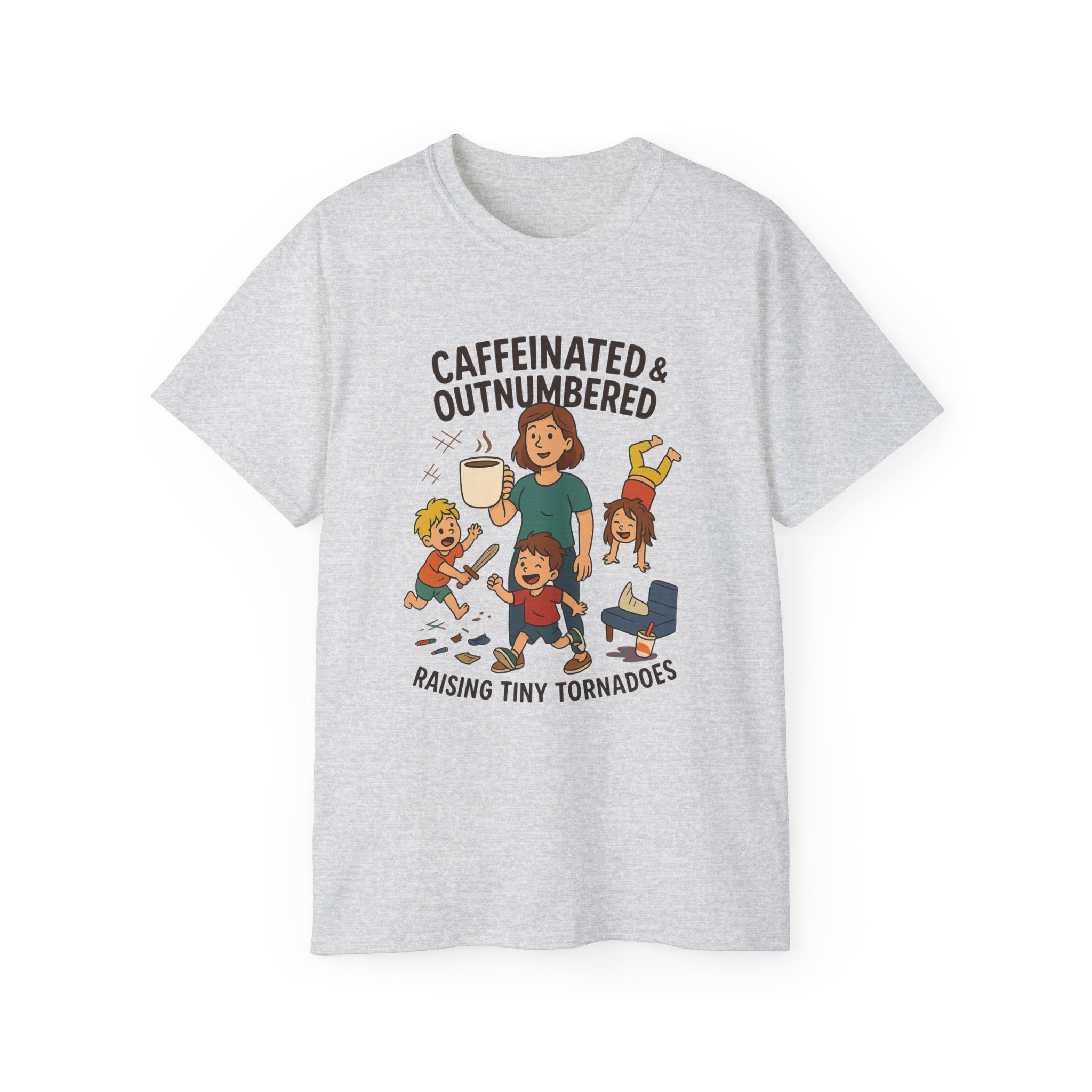 Caffeinated & Outnumbered Tee, Mom Life Shirt, Funny Parenting Tee, Gifts for Moms, Family Humor T-Shirt, Cute Kids Design