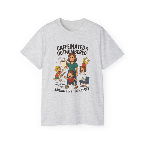 Caffeinated & Outnumbered Tee, Mom Life Shirt, Funny Parenting Tee, Gifts for Moms, Family Humor T-Shirt, Cute Kids Design