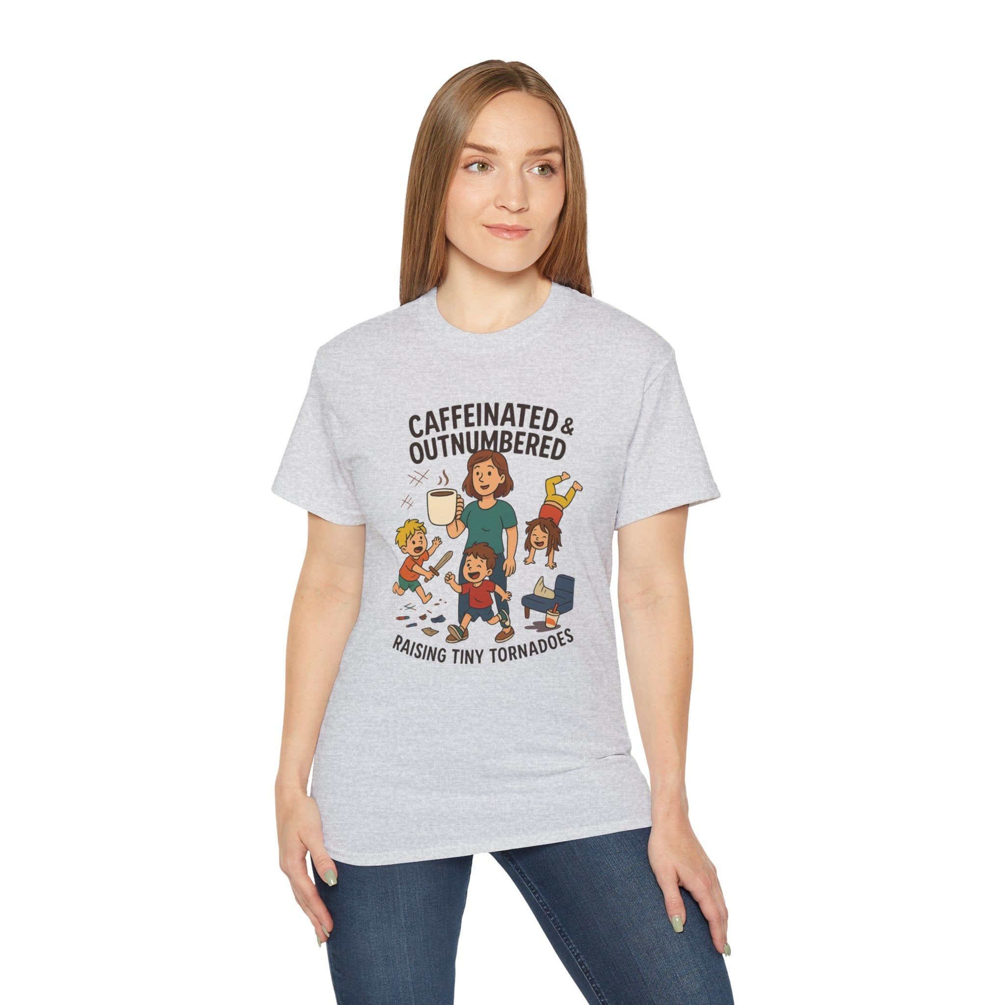 Caffeinated & Outnumbered Tee, Mom Life Shirt, Funny Parenting Tee, Gifts for Moms, Family Humor T-Shirt, Cute Kids Design