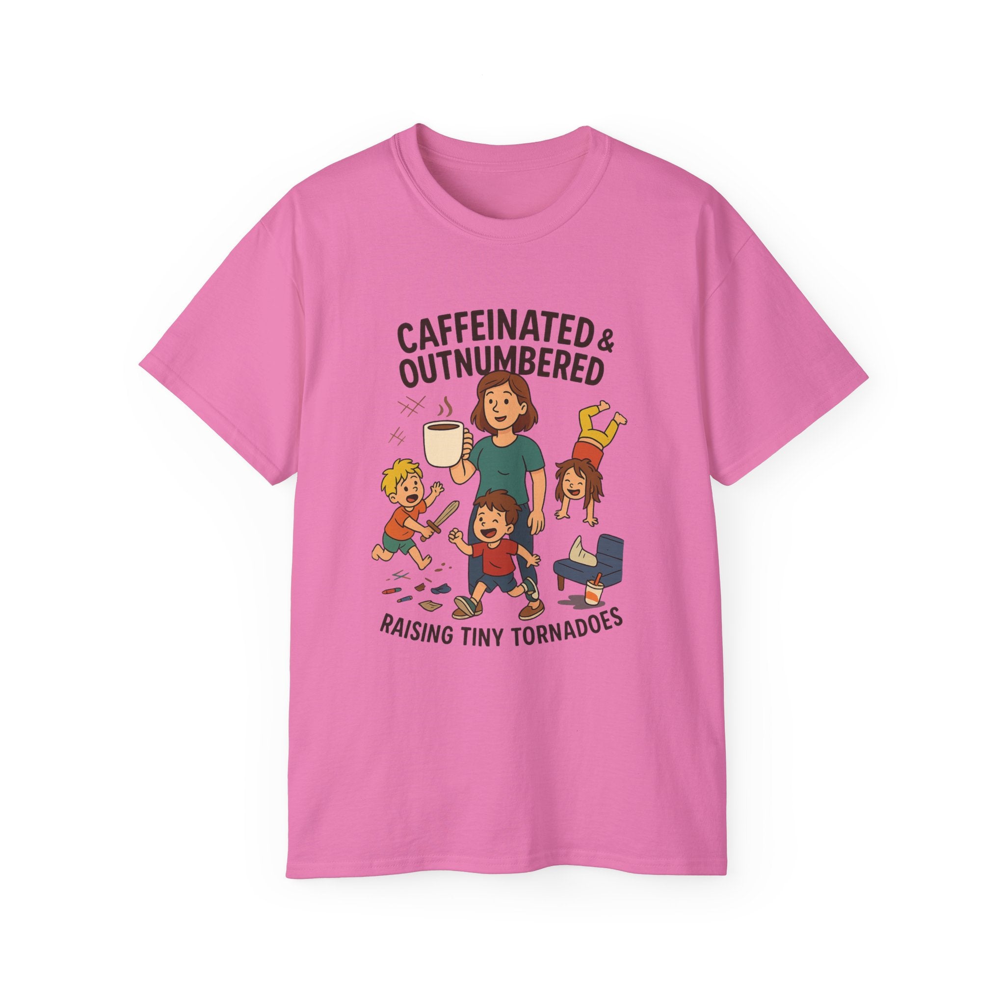 Caffeinated & Outnumbered Tee, Mom Life Shirt, Funny Parenting Tee, Gifts for Moms, Family Humor T-Shirt, Cute Kids Design