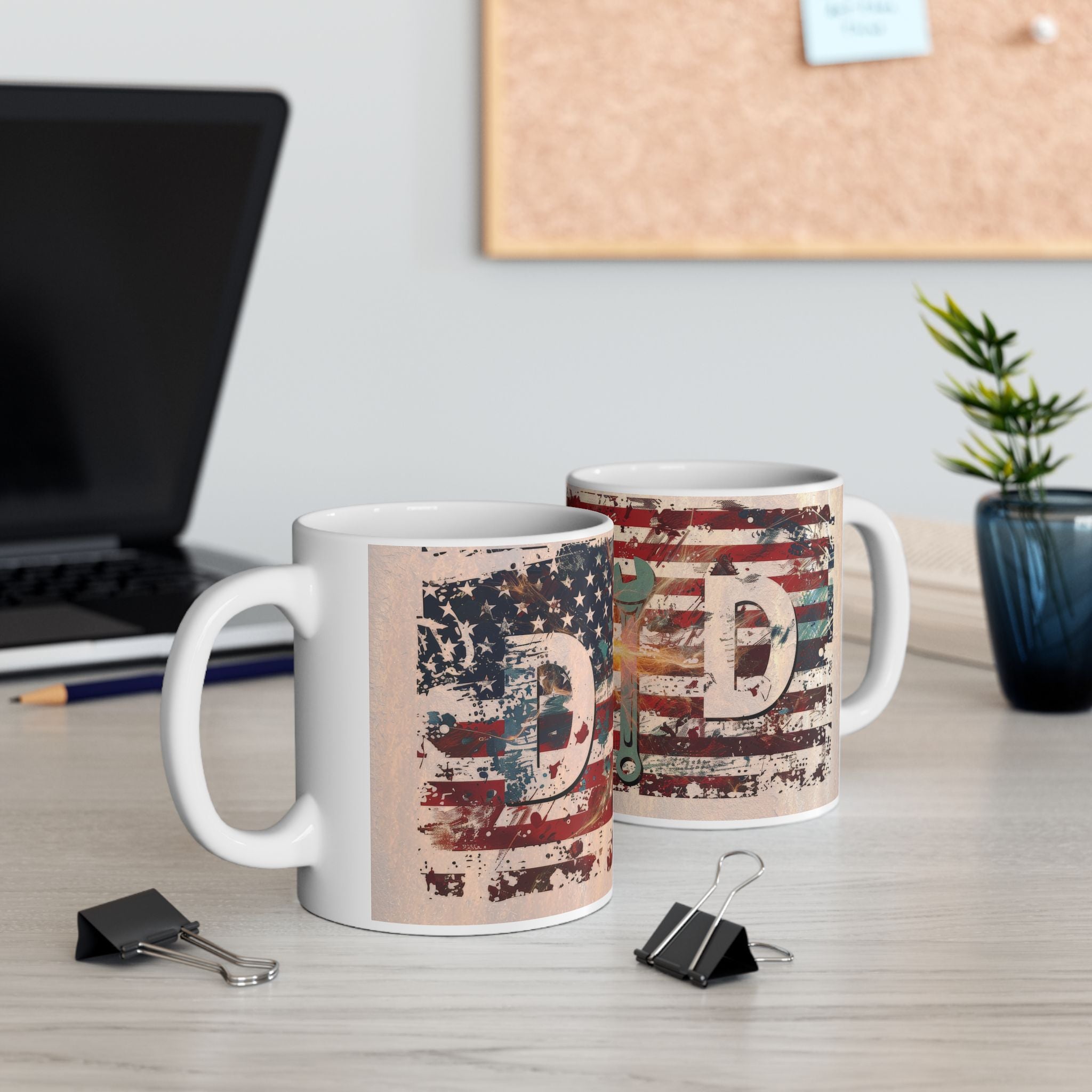 Vintage American Flag Ceramic Mug | Rustic Coffee Cup | Gift for Dad, Mechanic, Independence Day, Father's Day, Americana Decor