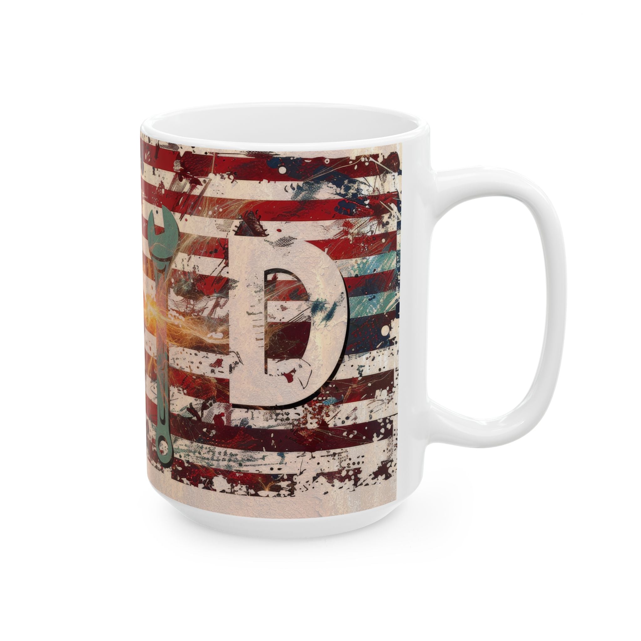 Vintage American Flag Ceramic Mug | Rustic Coffee Cup | Gift for Dad, Mechanic, Independence Day, Father's Day, Americana Decor
