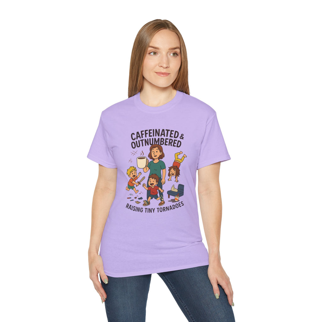 Caffeinated & Outnumbered Tee, Mom Life Shirt, Funny Parenting Tee, Gifts for Moms, Family Humor T-Shirt, Cute Kids Design