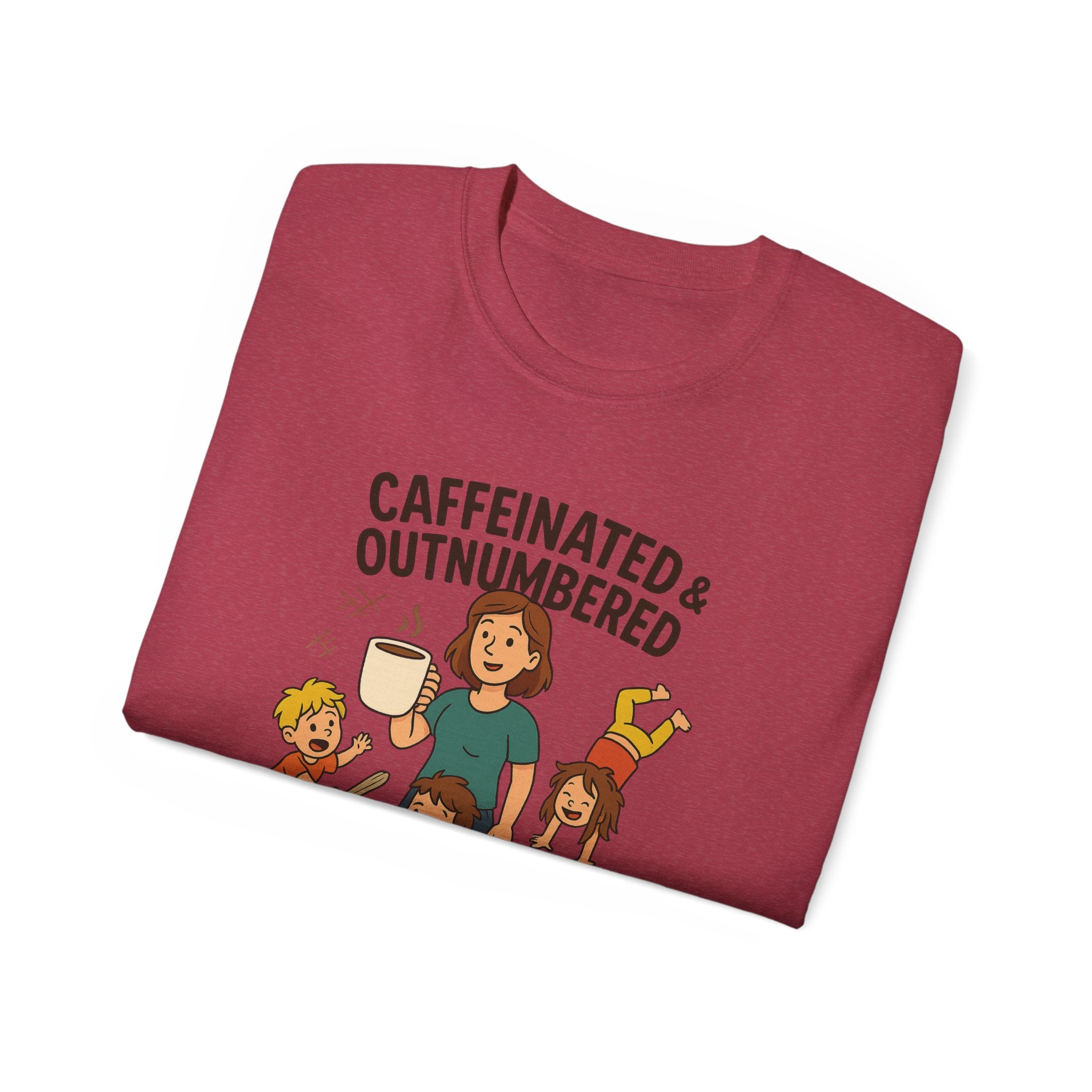 Caffeinated & Outnumbered Tee, Mom Life Shirt, Funny Parenting Tee, Gifts for Moms, Family Humor T-Shirt, Cute Kids Design