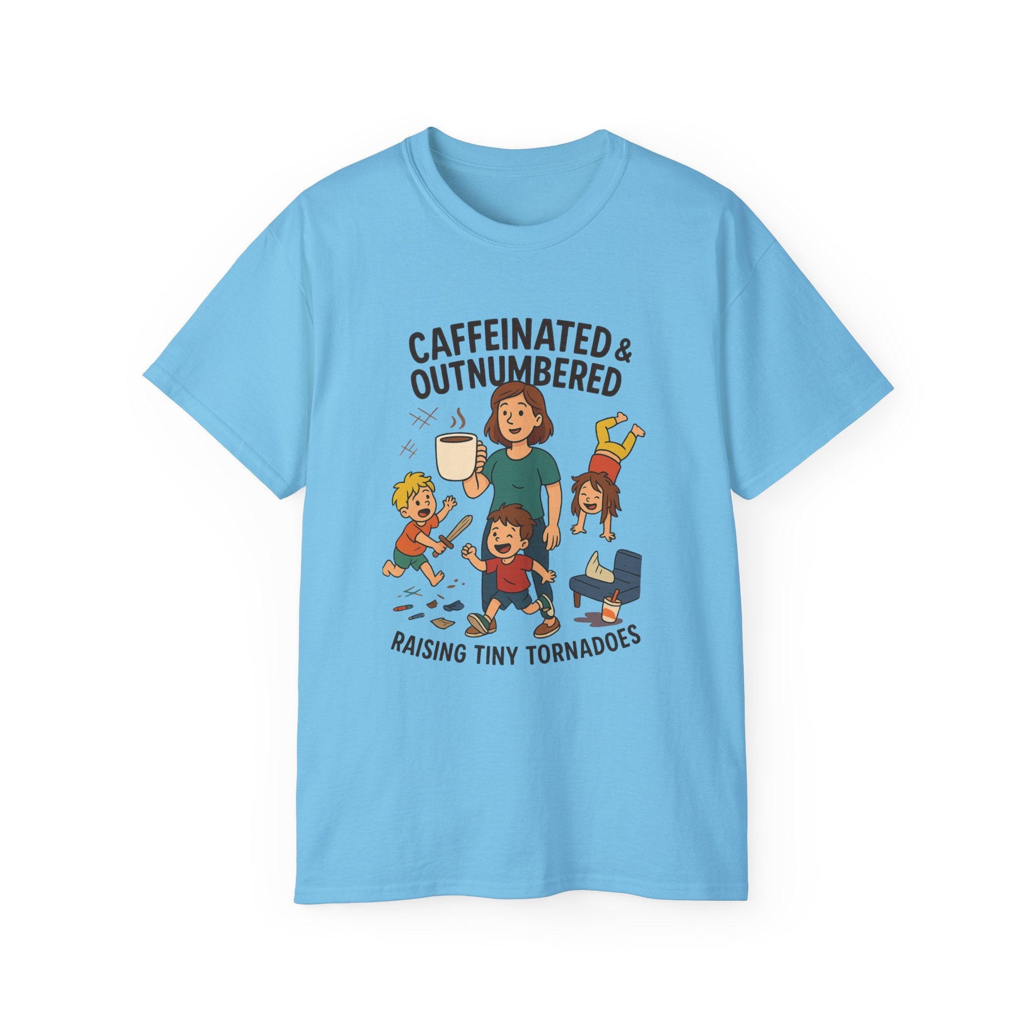 Caffeinated & Outnumbered Tee, Mom Life Shirt, Funny Parenting Tee, Gifts for Moms, Family Humor T-Shirt, Cute Kids Design