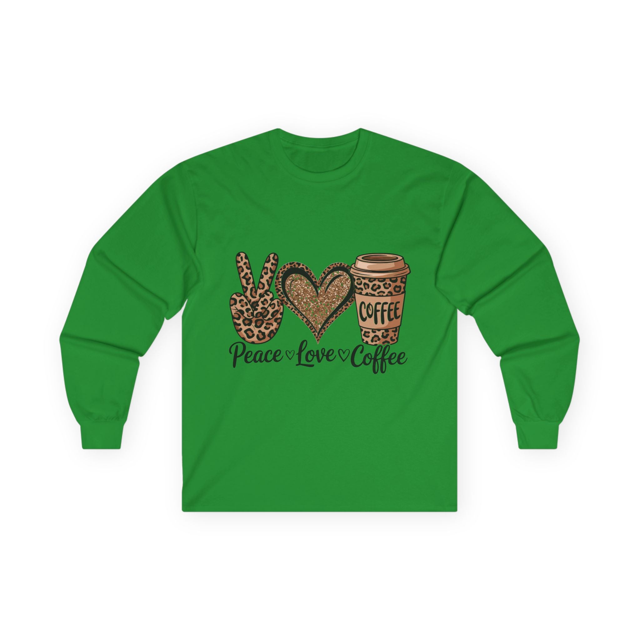 Peace Love Coffee Long Sleeve Tee | Unisex Cotton Shirt for Coffee Lovers | Perfect Gift for Holidays, Birthdays, and Casual Wear