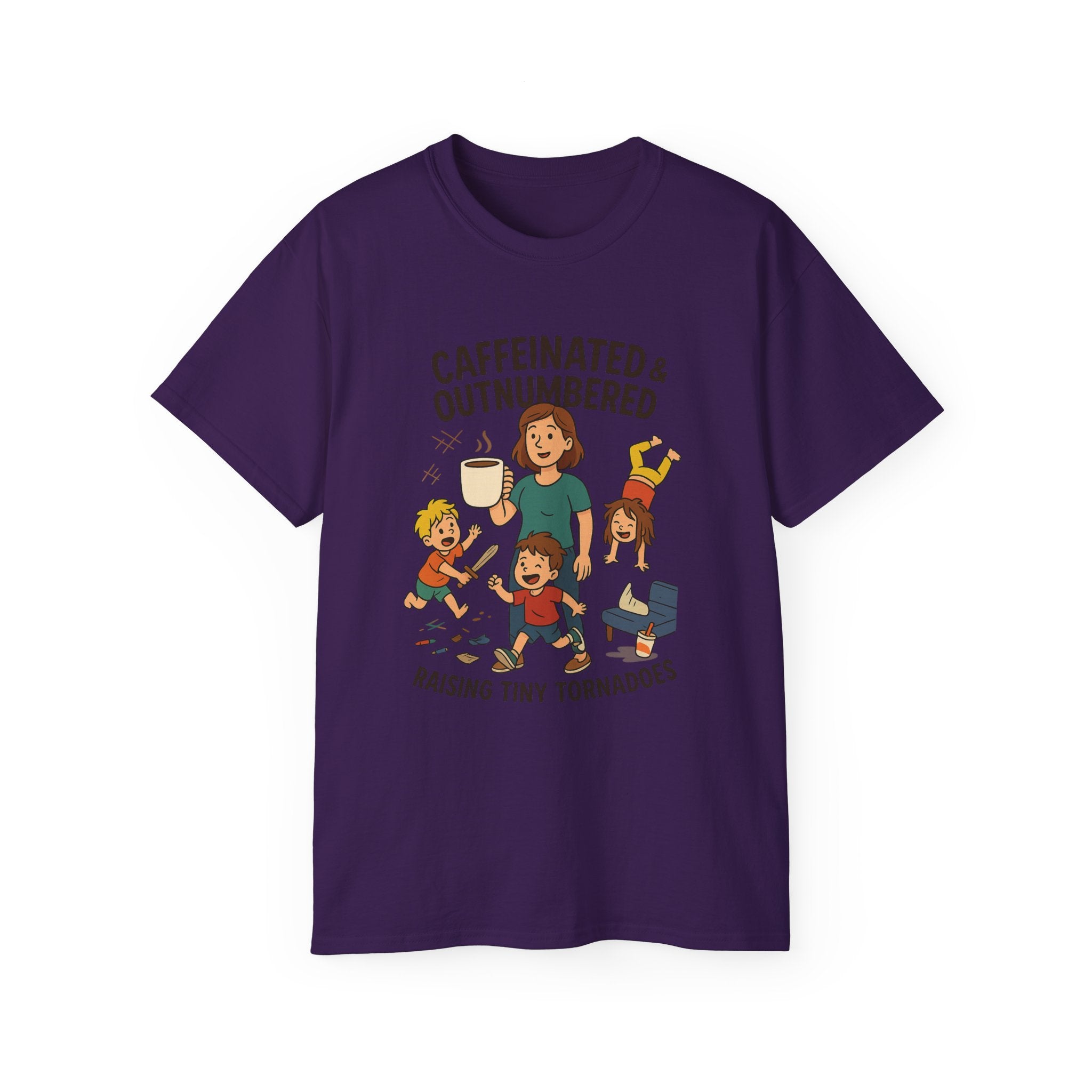 Caffeinated & Outnumbered Tee, Mom Life Shirt, Funny Parenting Tee, Gifts for Moms, Family Humor T-Shirt, Cute Kids Design