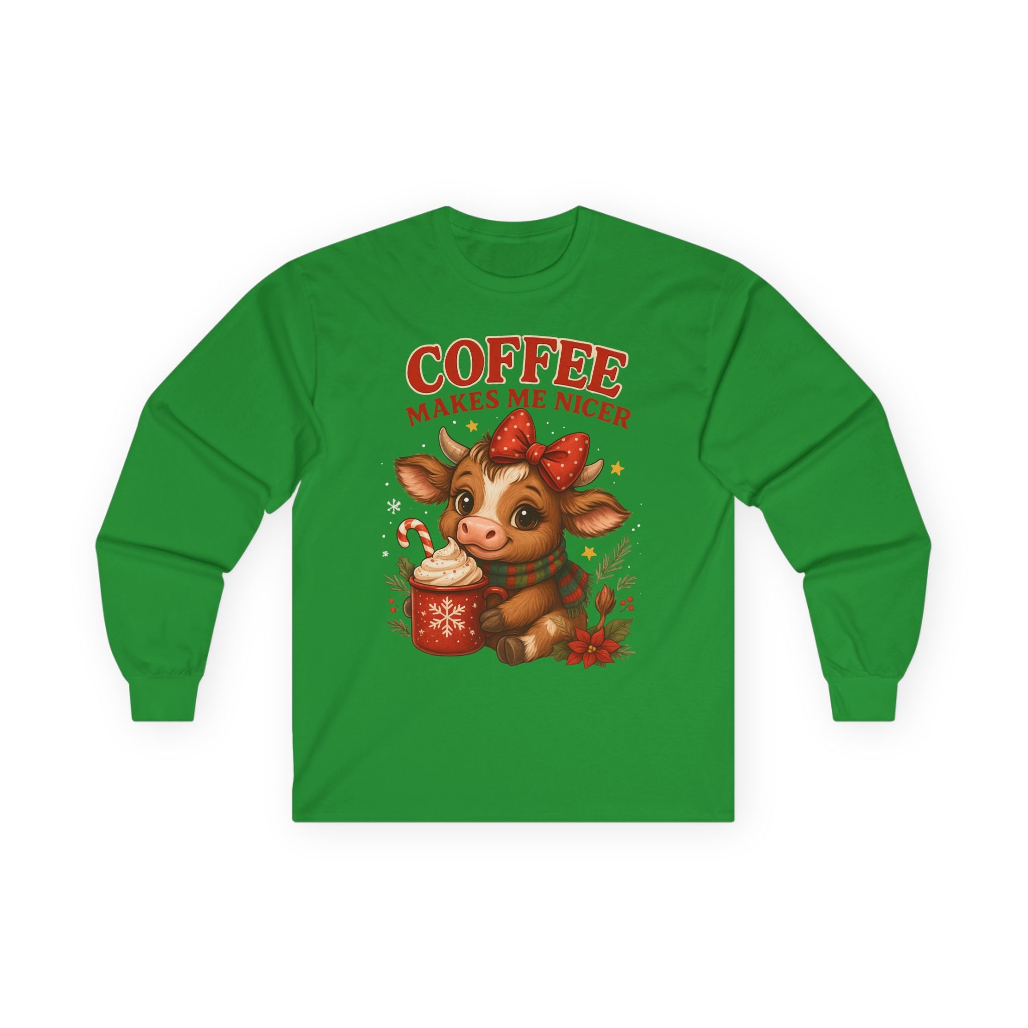 Unisex Long Sleeve Tee with Cute Cow Design - Coffee Makes Me Nicer, Holiday Gift, Casual Wear, Coffee Lover Apparel