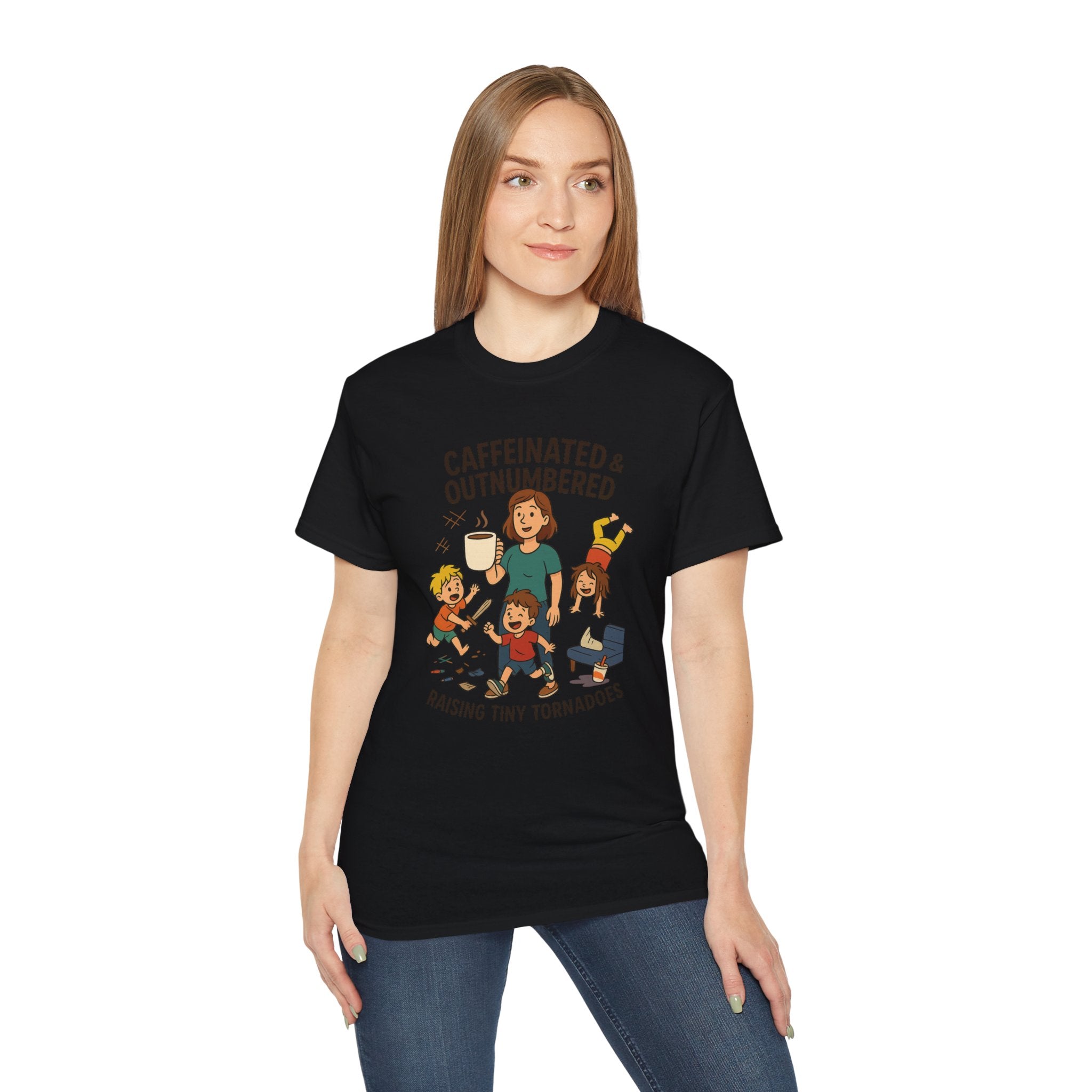 Caffeinated & Outnumbered Tee, Mom Life Shirt, Funny Parenting Tee, Gifts for Moms, Family Humor T-Shirt, Cute Kids Design