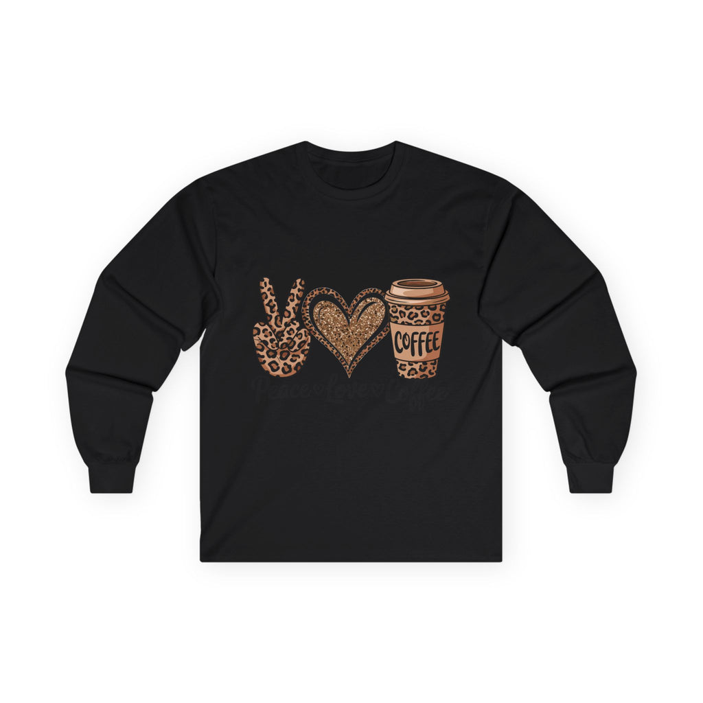 Peace Love Coffee Long Sleeve Tee | Unisex Cotton Shirt for Coffee Lovers | Perfect Gift for Holidays, Birthdays, and Casual Wear