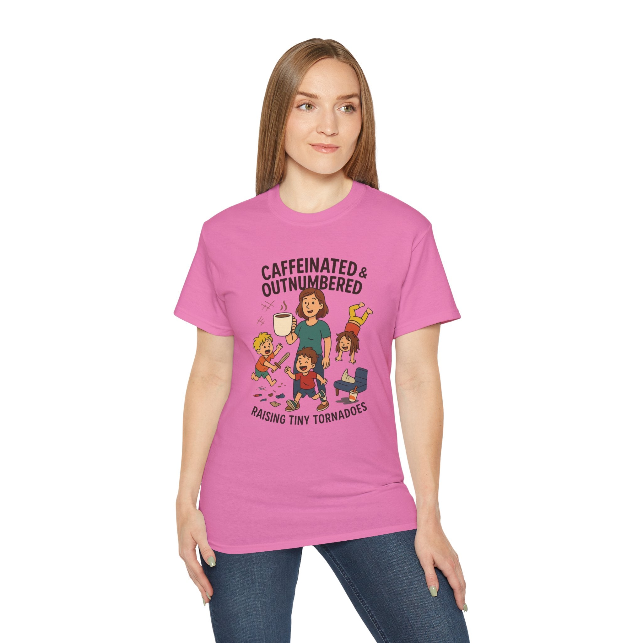Caffeinated & Outnumbered Tee, Mom Life Shirt, Funny Parenting Tee, Gifts for Moms, Family Humor T-Shirt, Cute Kids Design