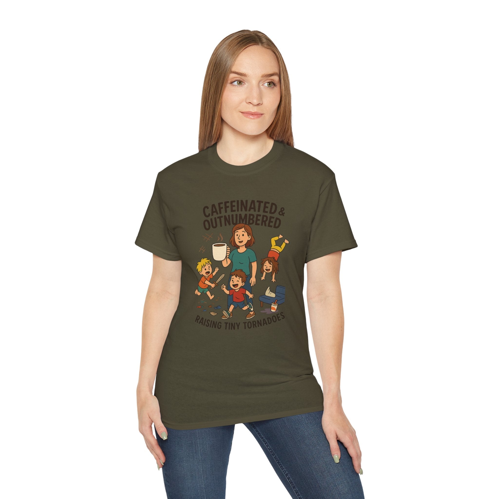 Caffeinated & Outnumbered Tee, Mom Life Shirt, Funny Parenting Tee, Gifts for Moms, Family Humor T-Shirt, Cute Kids Design