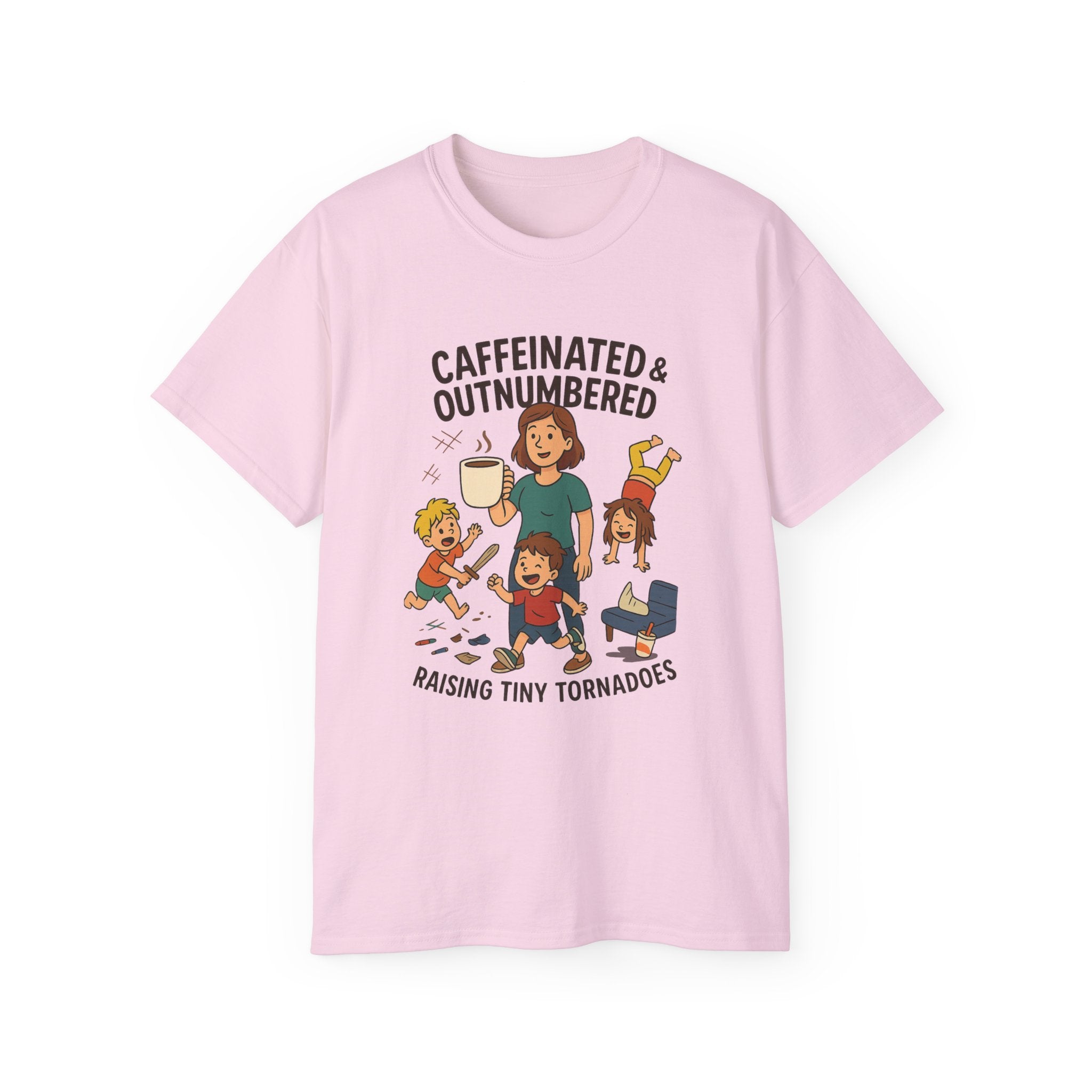 Caffeinated & Outnumbered Tee, Mom Life Shirt, Funny Parenting Tee, Gifts for Moms, Family Humor T-Shirt, Cute Kids Design