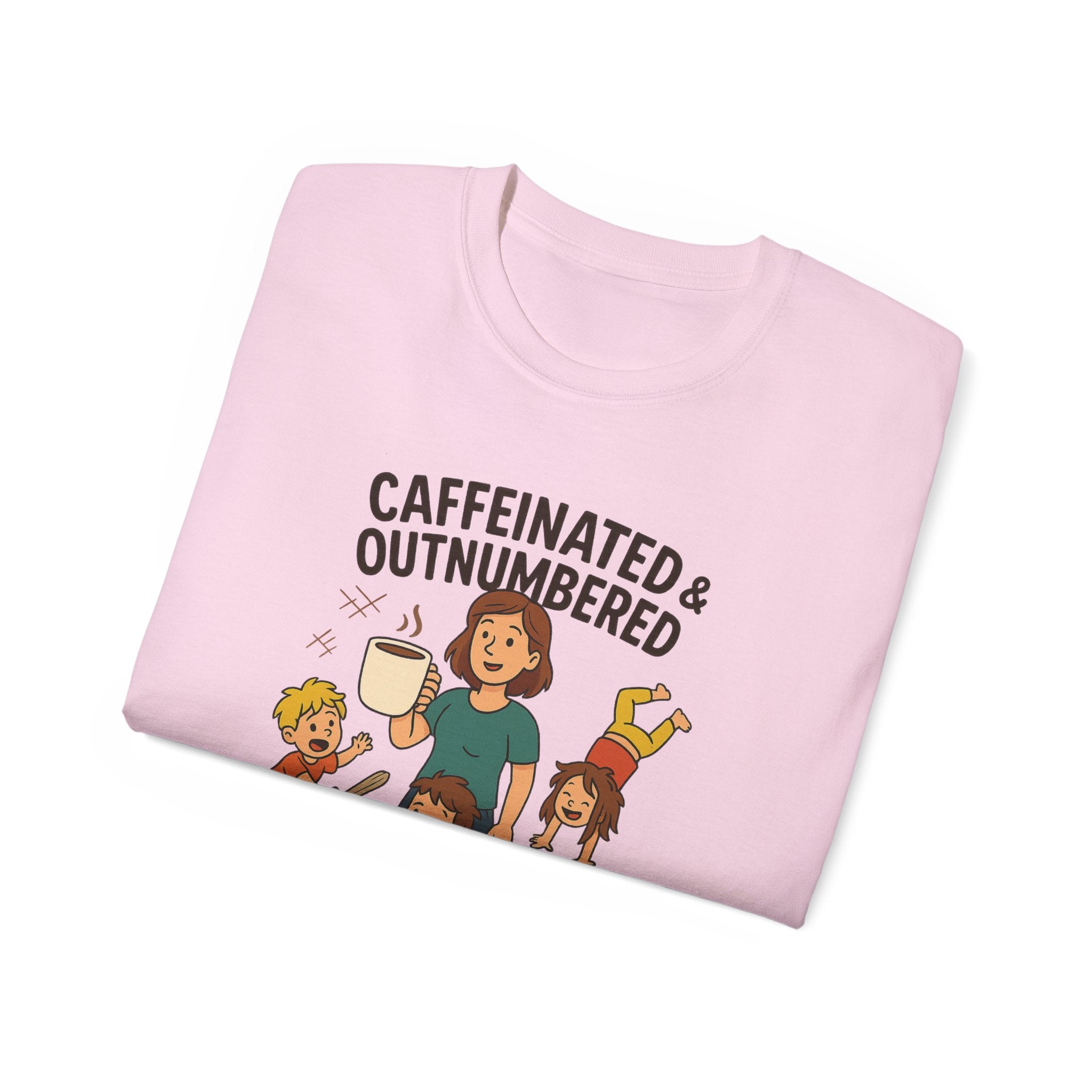 Caffeinated & Outnumbered Tee, Mom Life Shirt, Funny Parenting Tee, Gifts for Moms, Family Humor T-Shirt, Cute Kids Design
