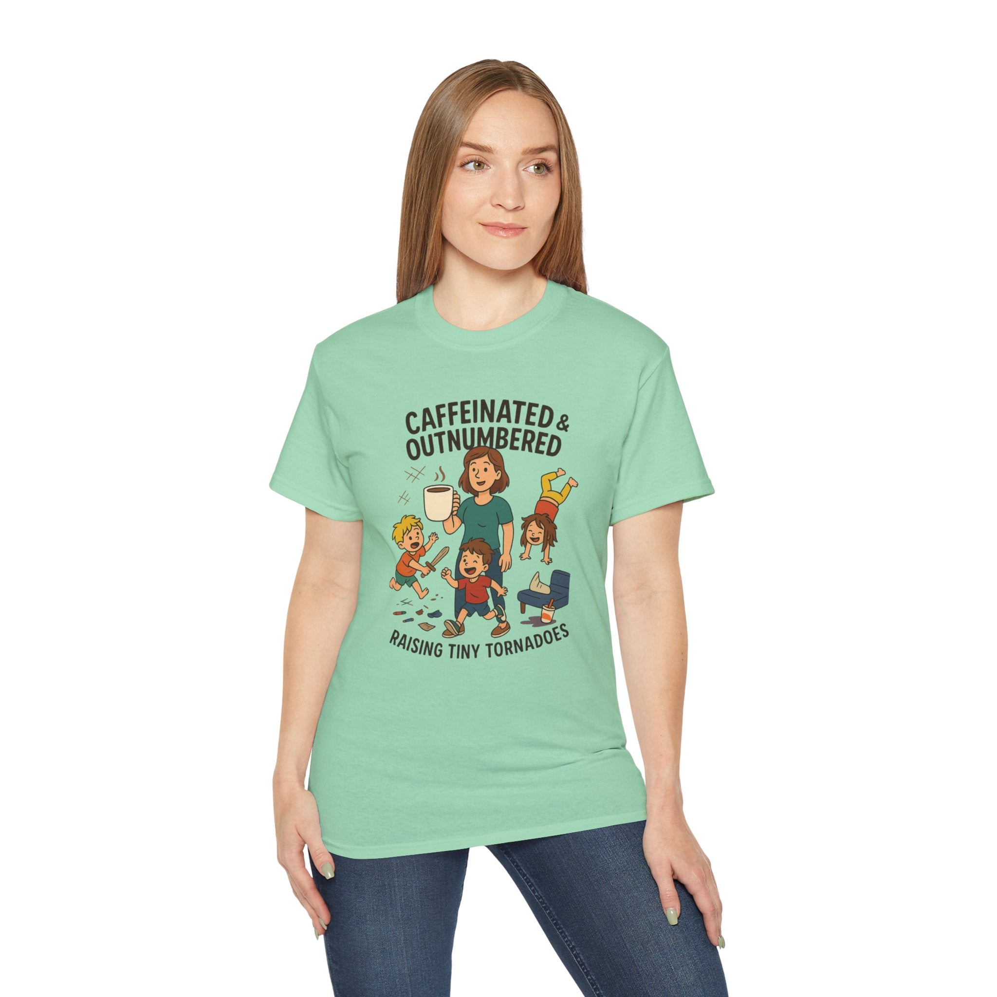 Caffeinated & Outnumbered Tee, Mom Life Shirt, Funny Parenting Tee, Gifts for Moms, Family Humor T-Shirt, Cute Kids Design