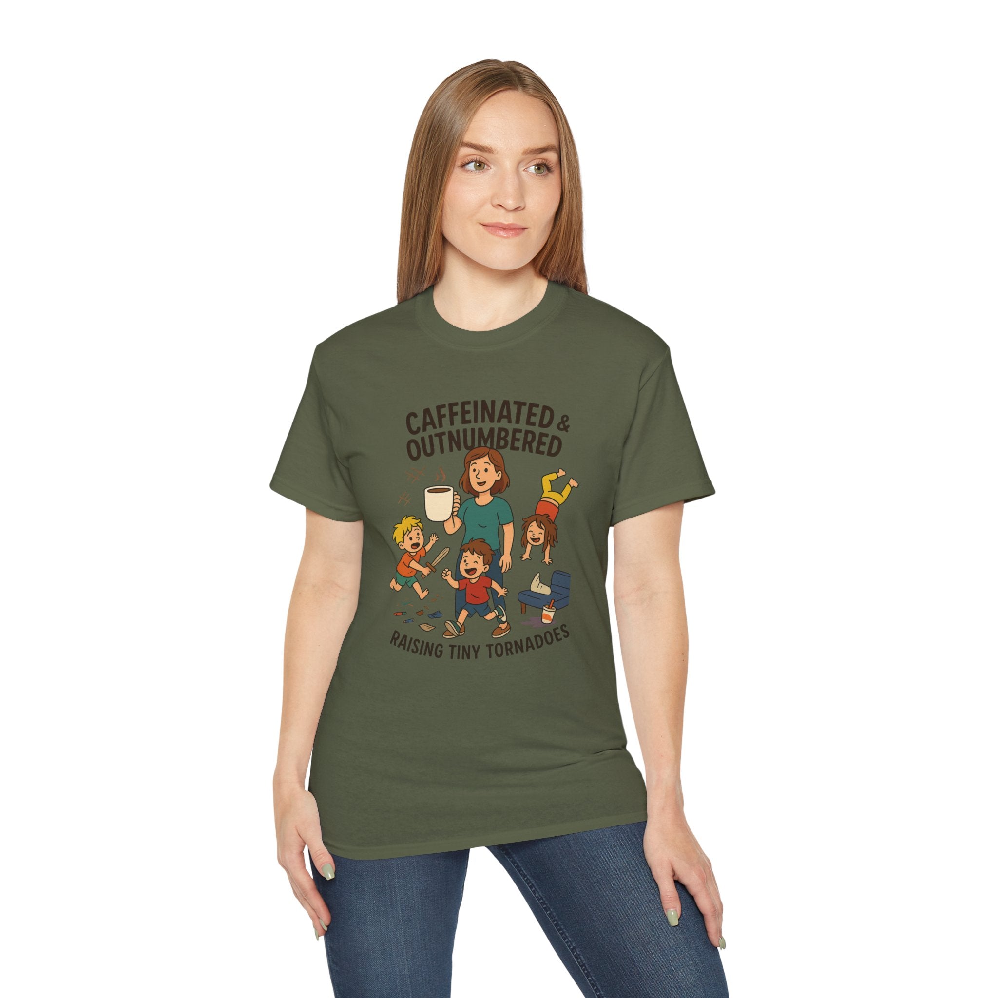 Caffeinated & Outnumbered Tee, Mom Life Shirt, Funny Parenting Tee, Gifts for Moms, Family Humor T-Shirt, Cute Kids Design