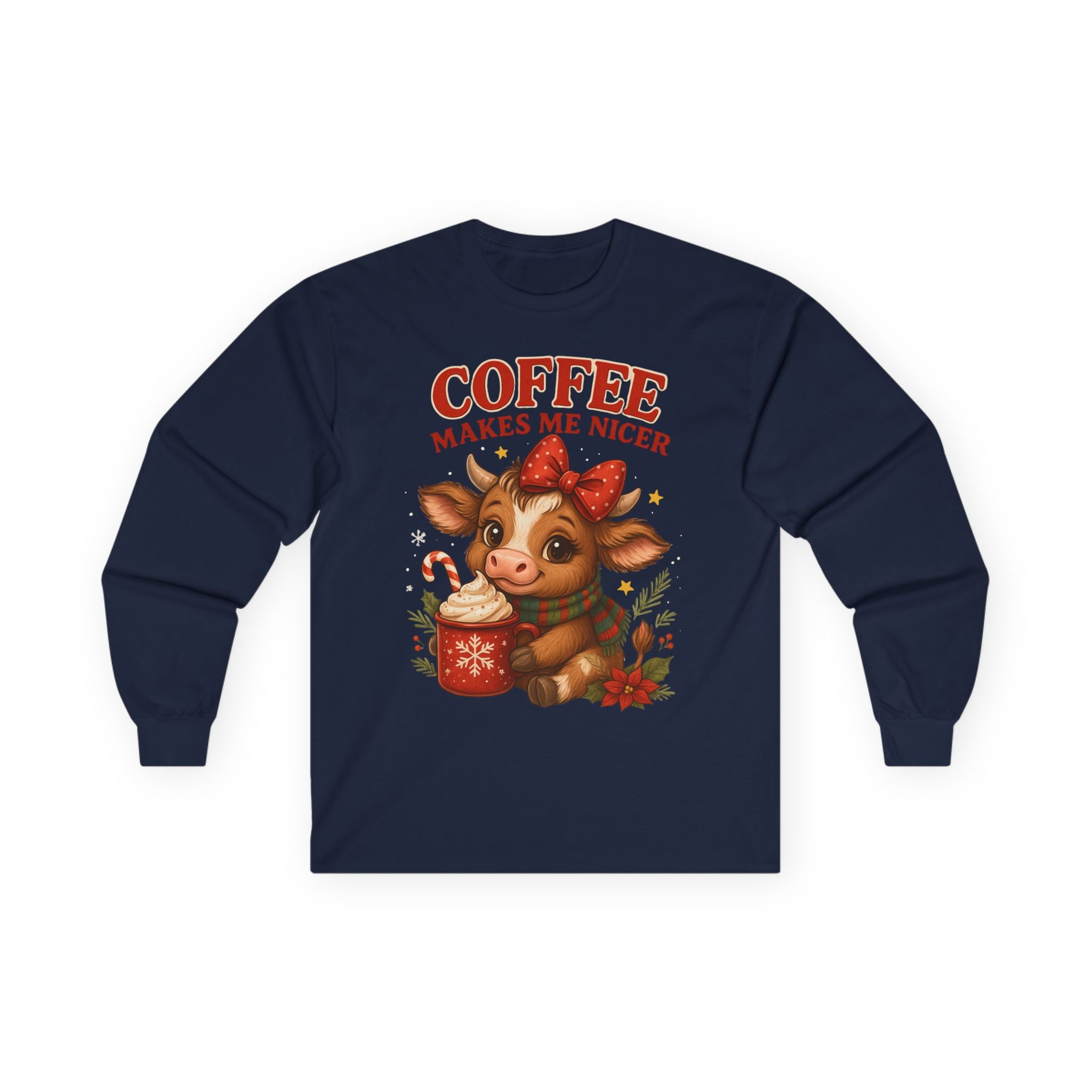 Unisex Long Sleeve Tee with Cute Cow Design - Coffee Makes Me Nicer, Holiday Gift, Casual Wear, Coffee Lover Apparel