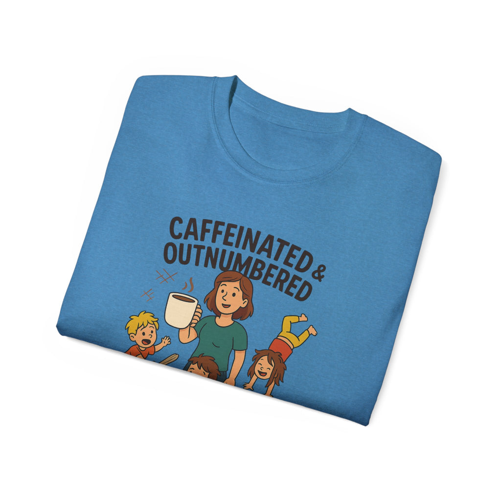 Caffeinated & Outnumbered Tee, Mom Life Shirt, Funny Parenting Tee, Gifts for Moms, Family Humor T-Shirt, Cute Kids Design