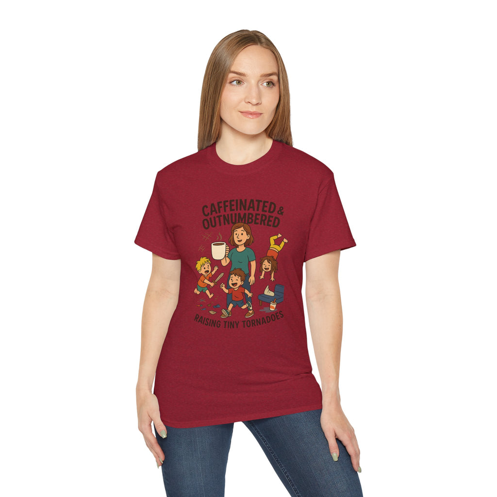 Caffeinated & Outnumbered Tee, Mom Life Shirt, Funny Parenting Tee, Gifts for Moms, Family Humor T-Shirt, Cute Kids Design