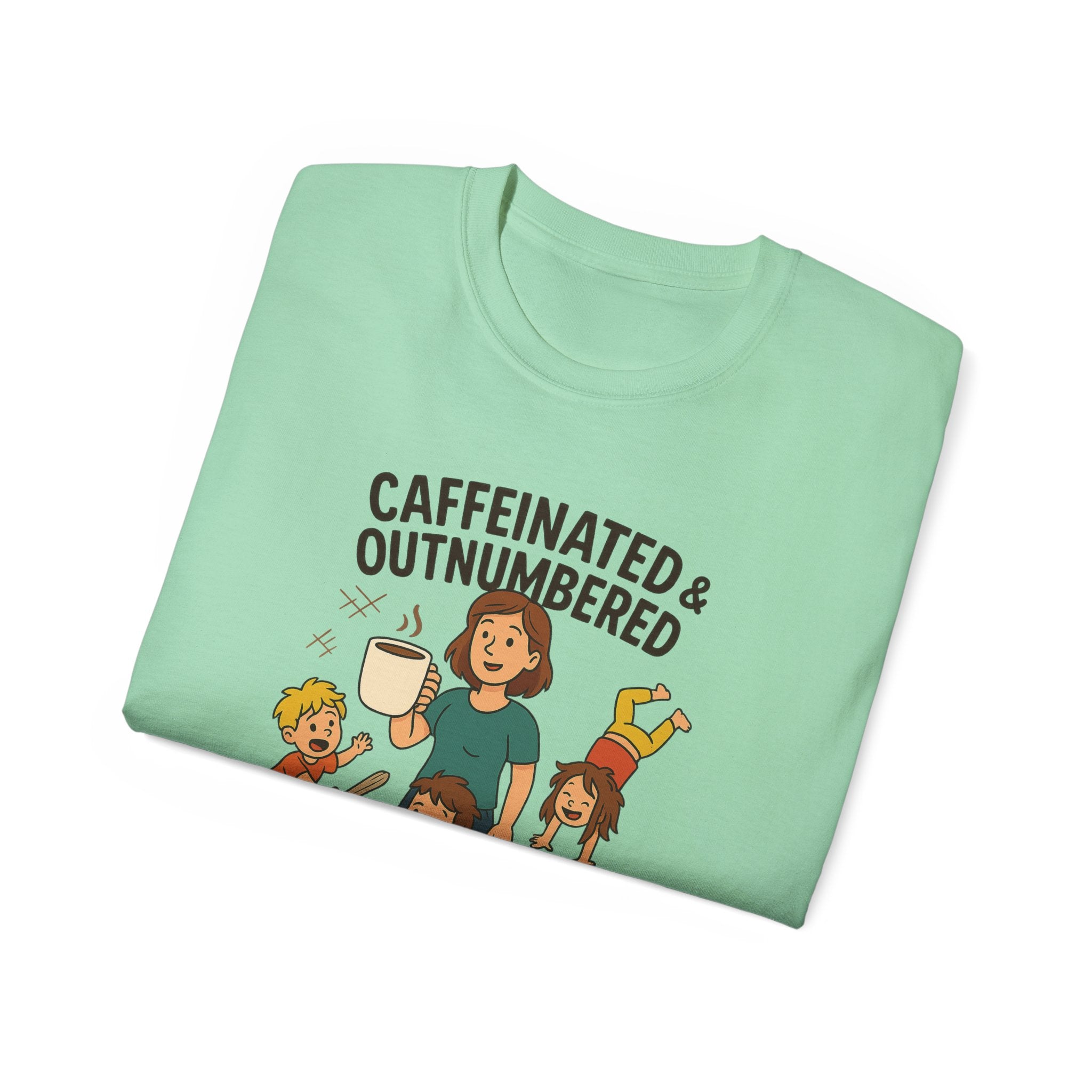 Caffeinated & Outnumbered Tee, Mom Life Shirt, Funny Parenting Tee, Gifts for Moms, Family Humor T-Shirt, Cute Kids Design