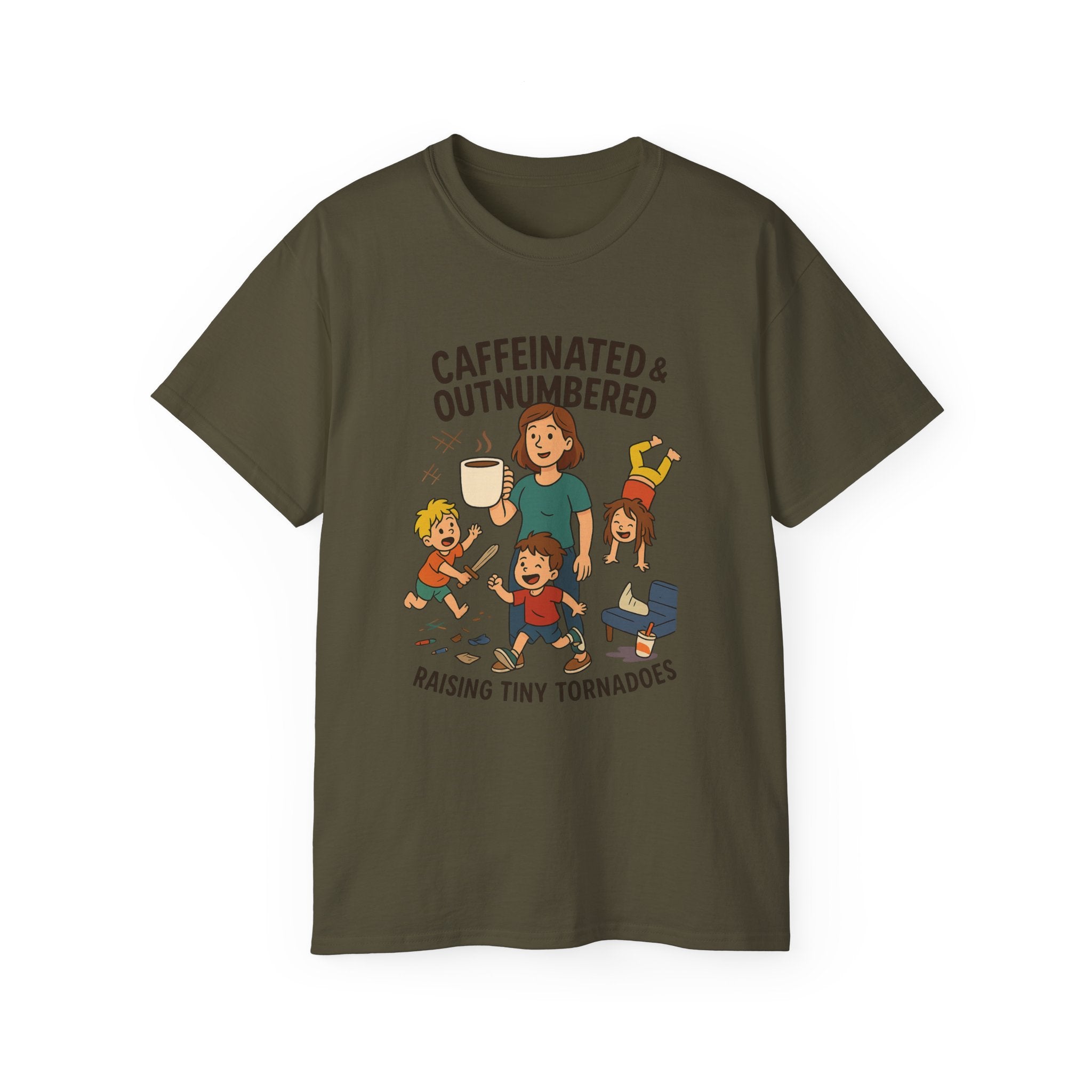 Caffeinated & Outnumbered Tee, Mom Life Shirt, Funny Parenting Tee, Gifts for Moms, Family Humor T-Shirt, Cute Kids Design