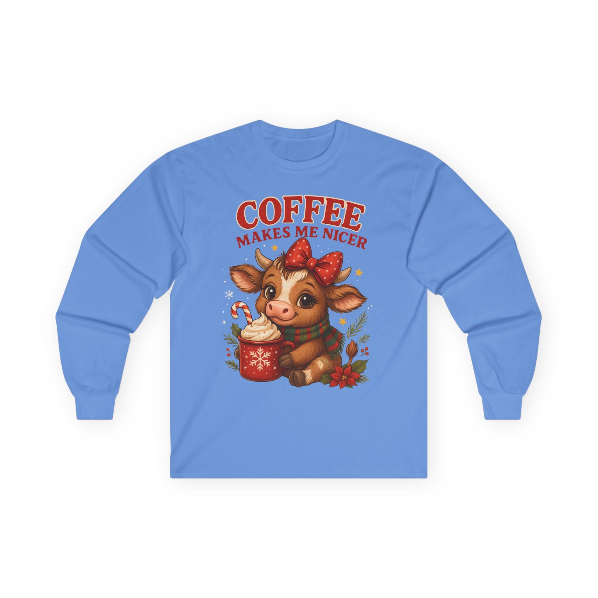 Unisex Long Sleeve Tee with Cute Cow Design - Coffee Makes Me Nicer, Holiday Gift, Casual Wear, Coffee Lover Apparel