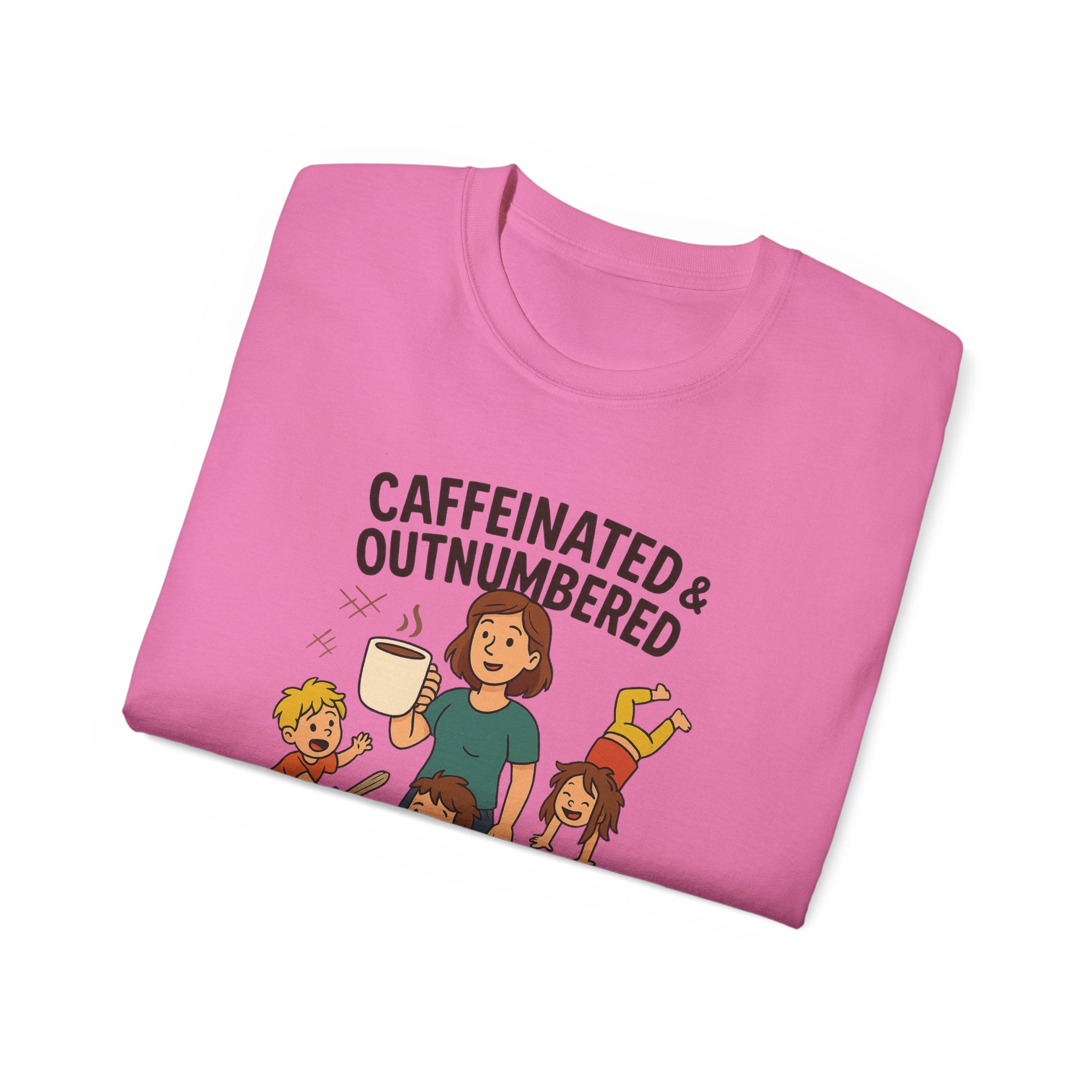 Caffeinated & Outnumbered Tee, Mom Life Shirt, Funny Parenting Tee, Gifts for Moms, Family Humor T-Shirt, Cute Kids Design