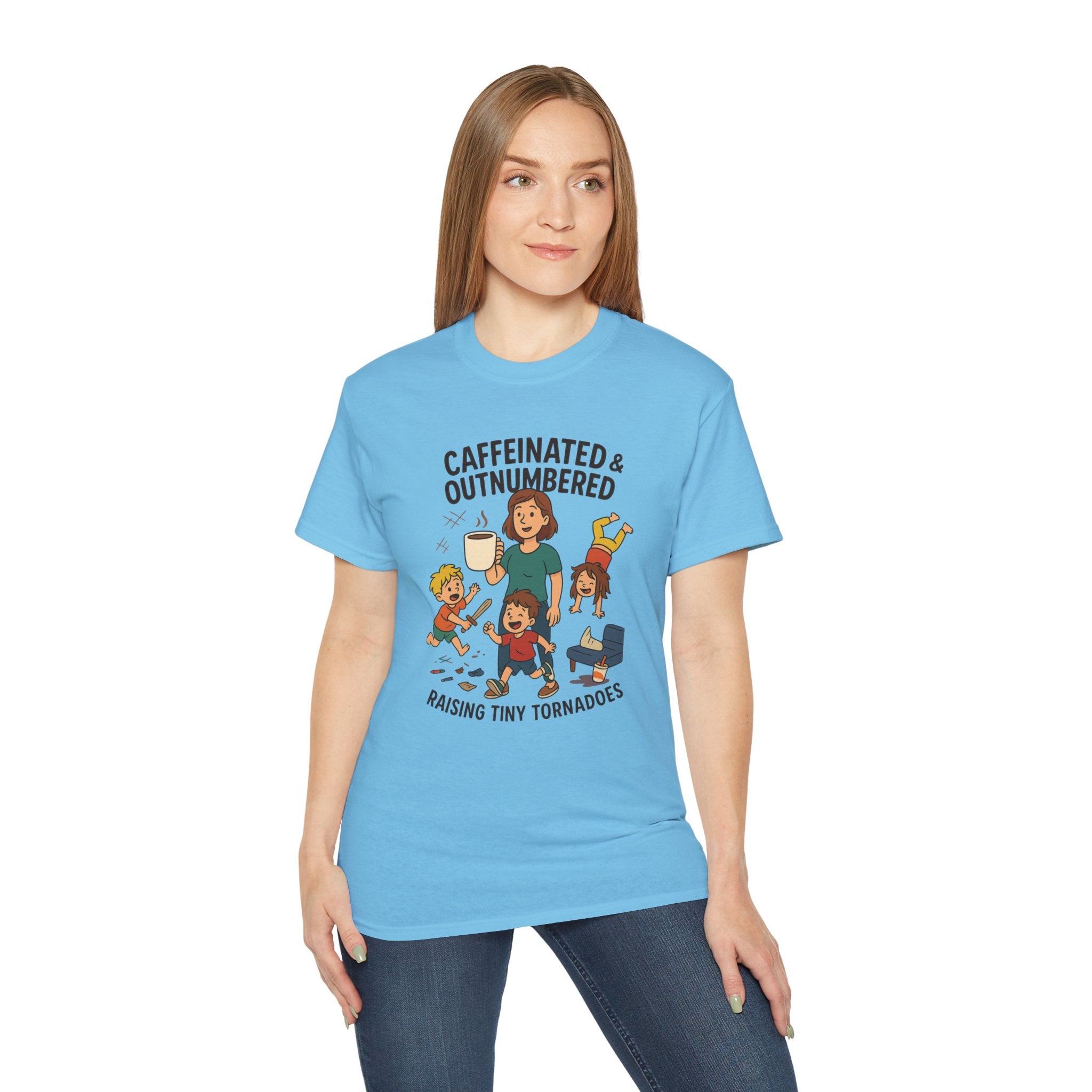 Caffeinated & Outnumbered Tee, Mom Life Shirt, Funny Parenting Tee, Gifts for Moms, Family Humor T-Shirt, Cute Kids Design