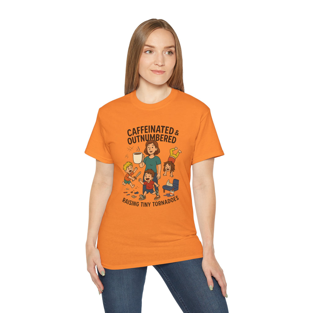 Caffeinated & Outnumbered Tee, Mom Life Shirt, Funny Parenting Tee, Gifts for Moms, Family Humor T-Shirt, Cute Kids Design