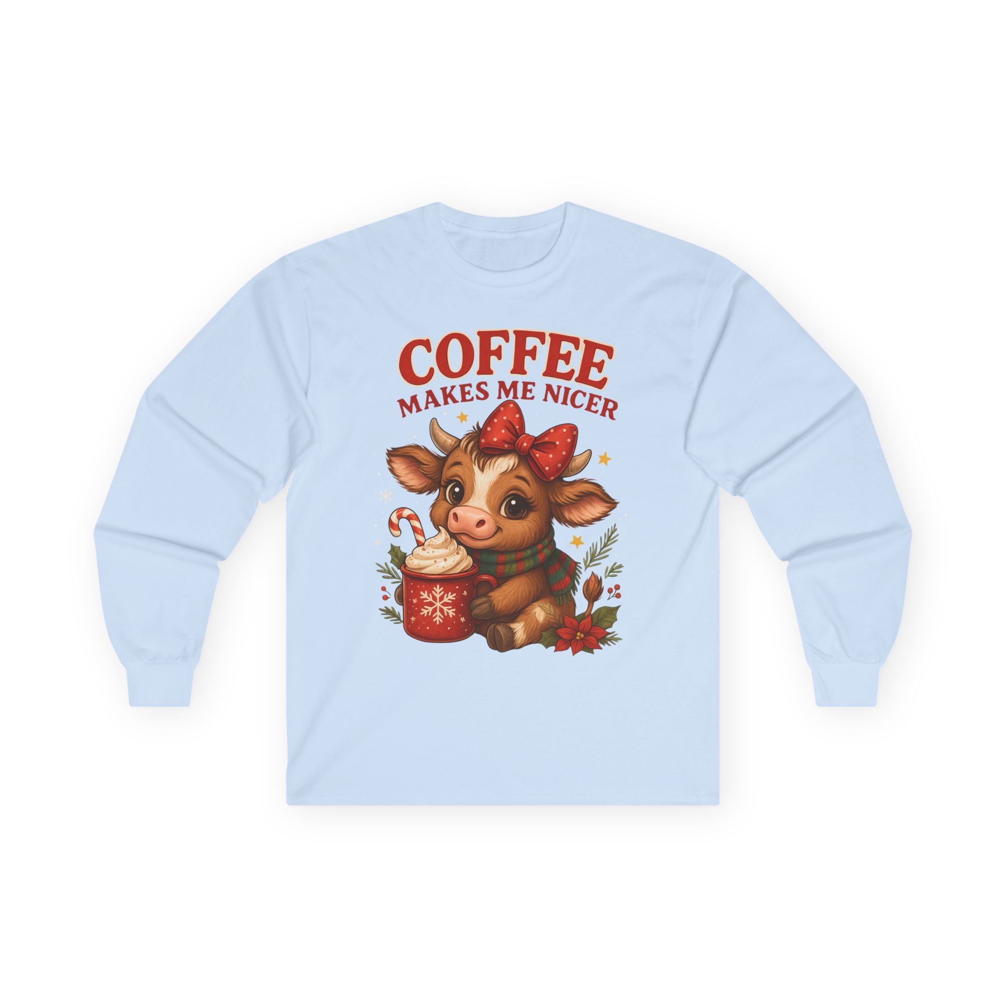 Unisex Long Sleeve Tee with Cute Cow Design - Coffee Makes Me Nicer, Holiday Gift, Casual Wear, Coffee Lover Apparel