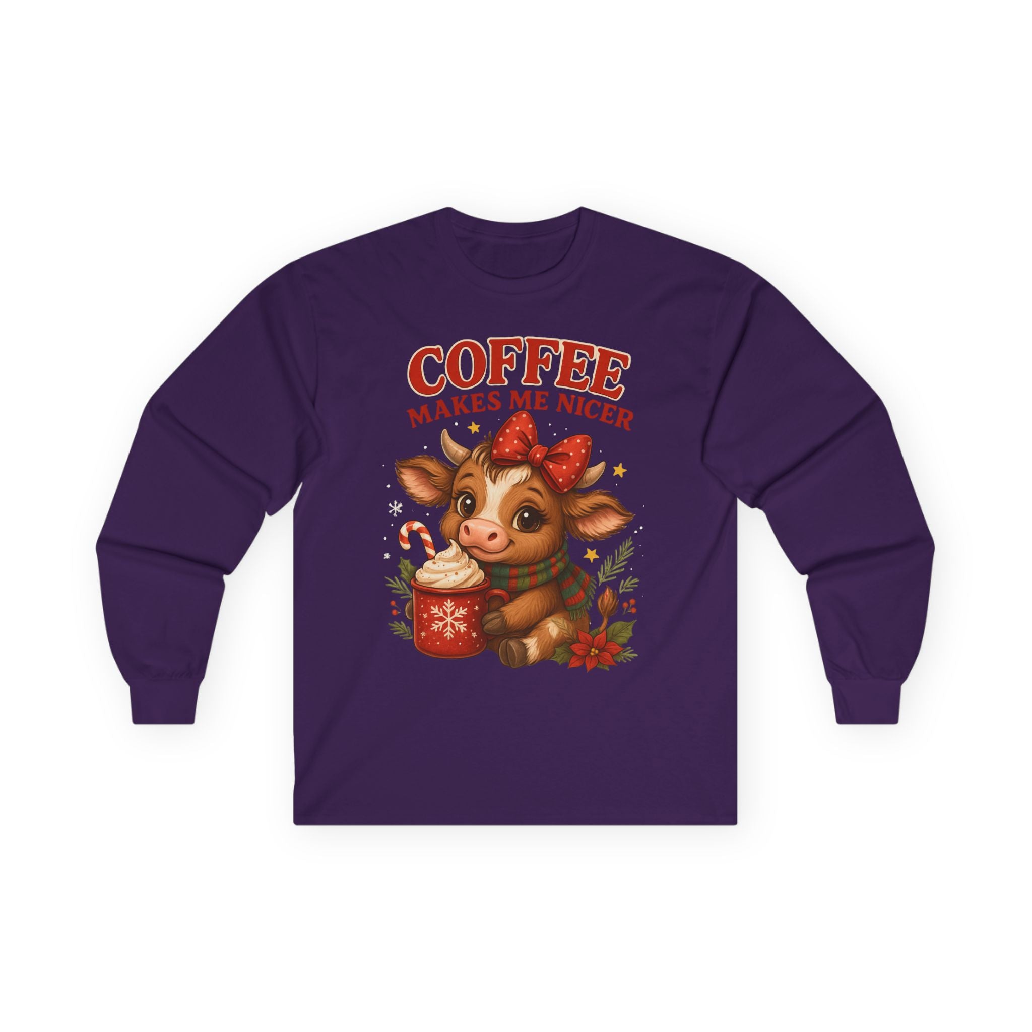 Unisex Long Sleeve Tee with Cute Cow Design - Coffee Makes Me Nicer, Holiday Gift, Casual Wear, Coffee Lover Apparel