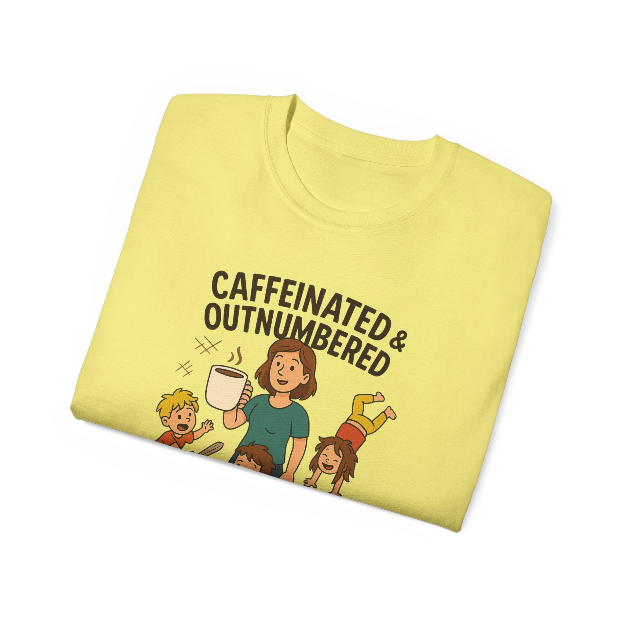 Caffeinated & Outnumbered Tee, Mom Life Shirt, Funny Parenting Tee, Gifts for Moms, Family Humor T-Shirt, Cute Kids Design