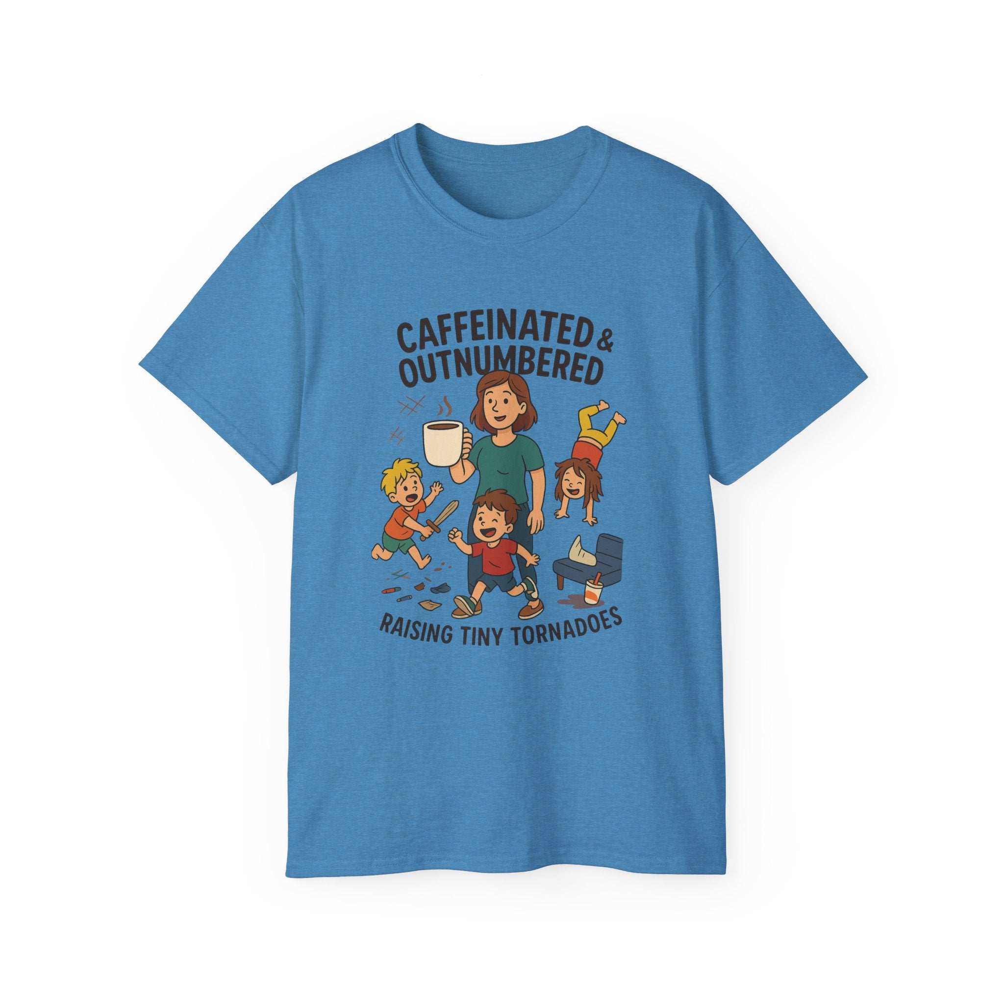 Caffeinated & Outnumbered Tee, Mom Life Shirt, Funny Parenting Tee, Gifts for Moms, Family Humor T-Shirt, Cute Kids Design